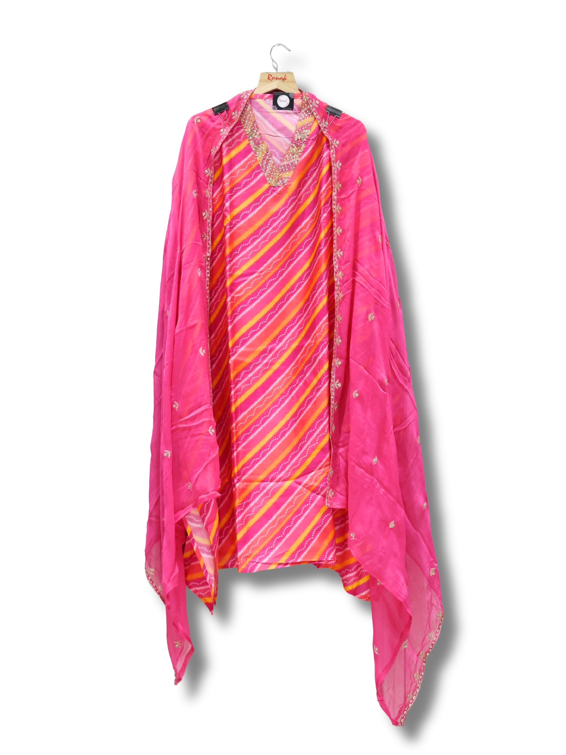Premium Dola Silk Leheriya Unstitched Suit with Heavy Chiffon Dupatta