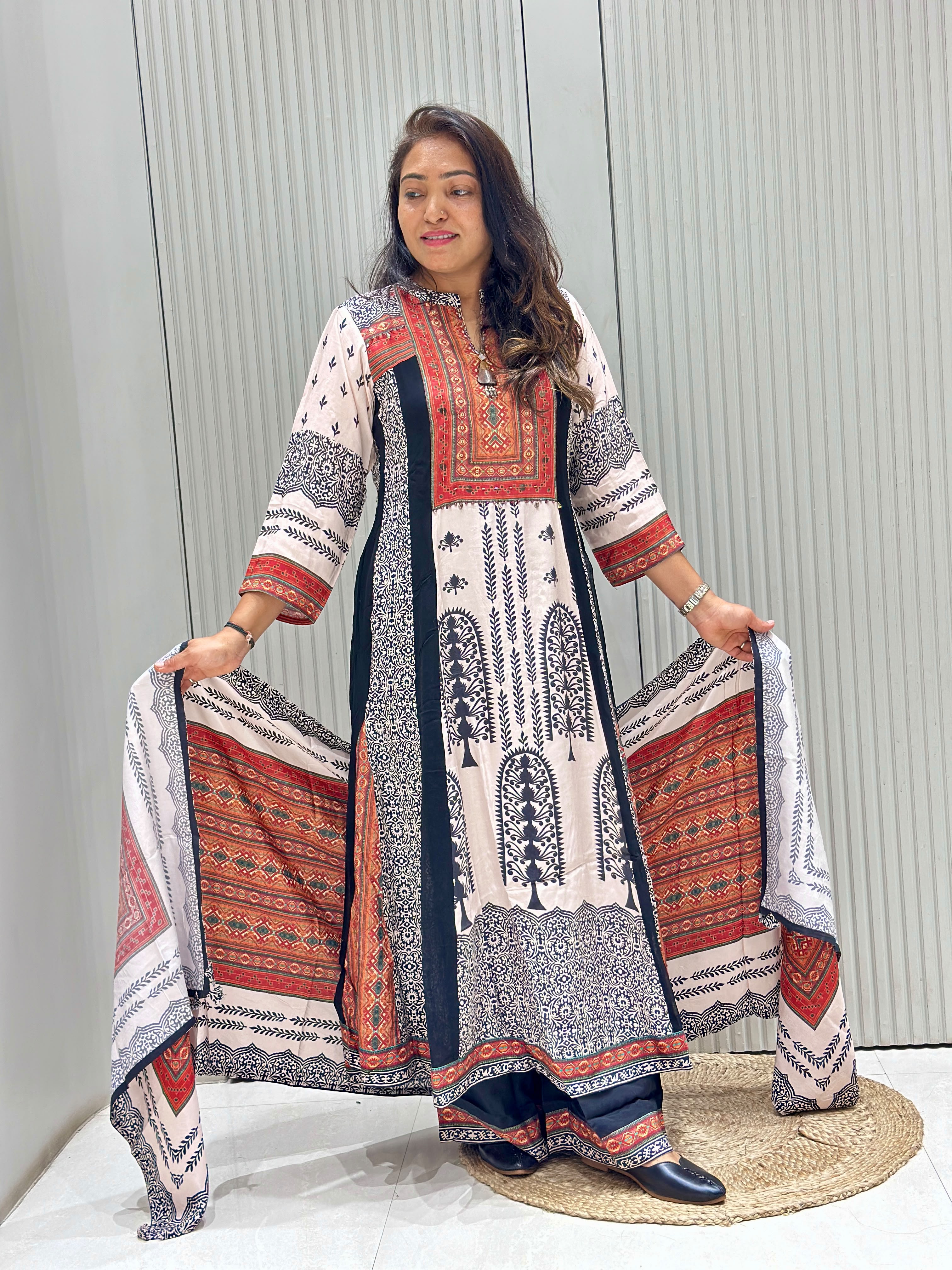 Premium Pure Dola Silk Dress Set with Georgette Plazo & Pure Dola Silk Dupatta