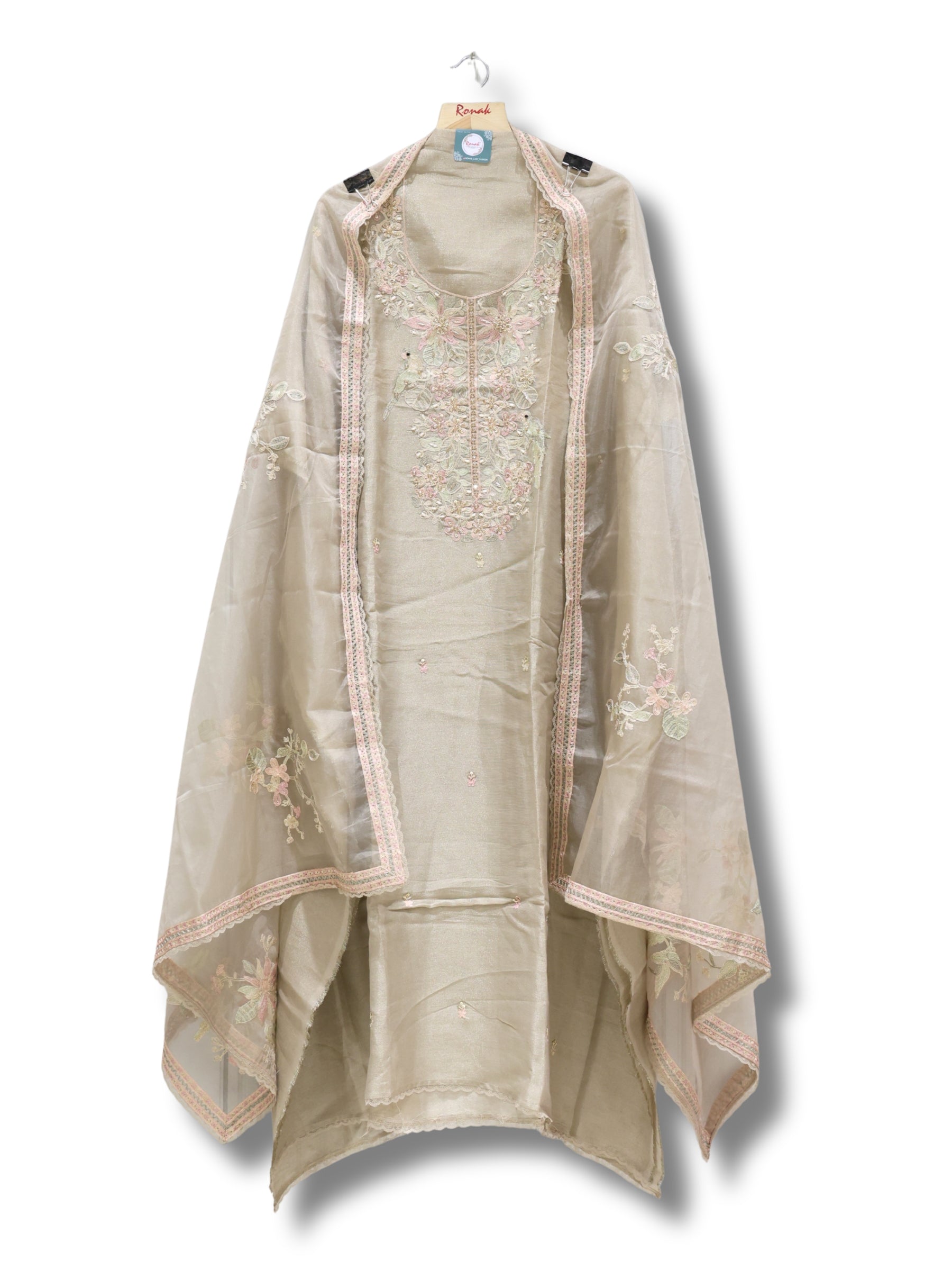 Premium Dola Silk Suit with Jardosi Neck Work & Heavy Bandhej Dupatta