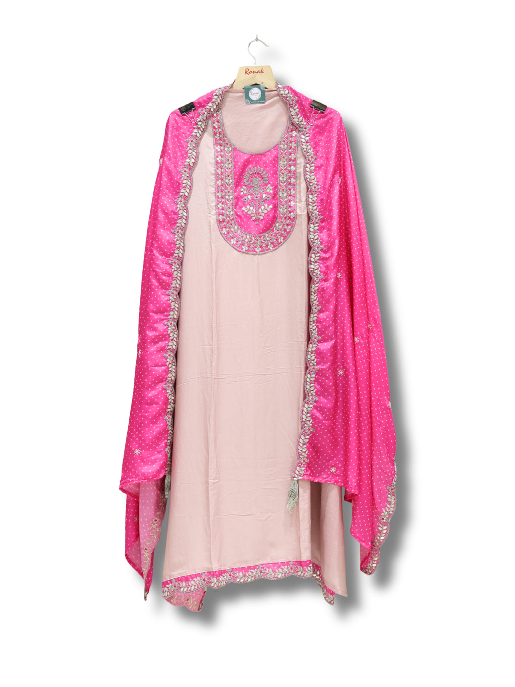 Premium Pure Silk Unstitched Suit with Gota Patti Work & Bandhej Dupatta