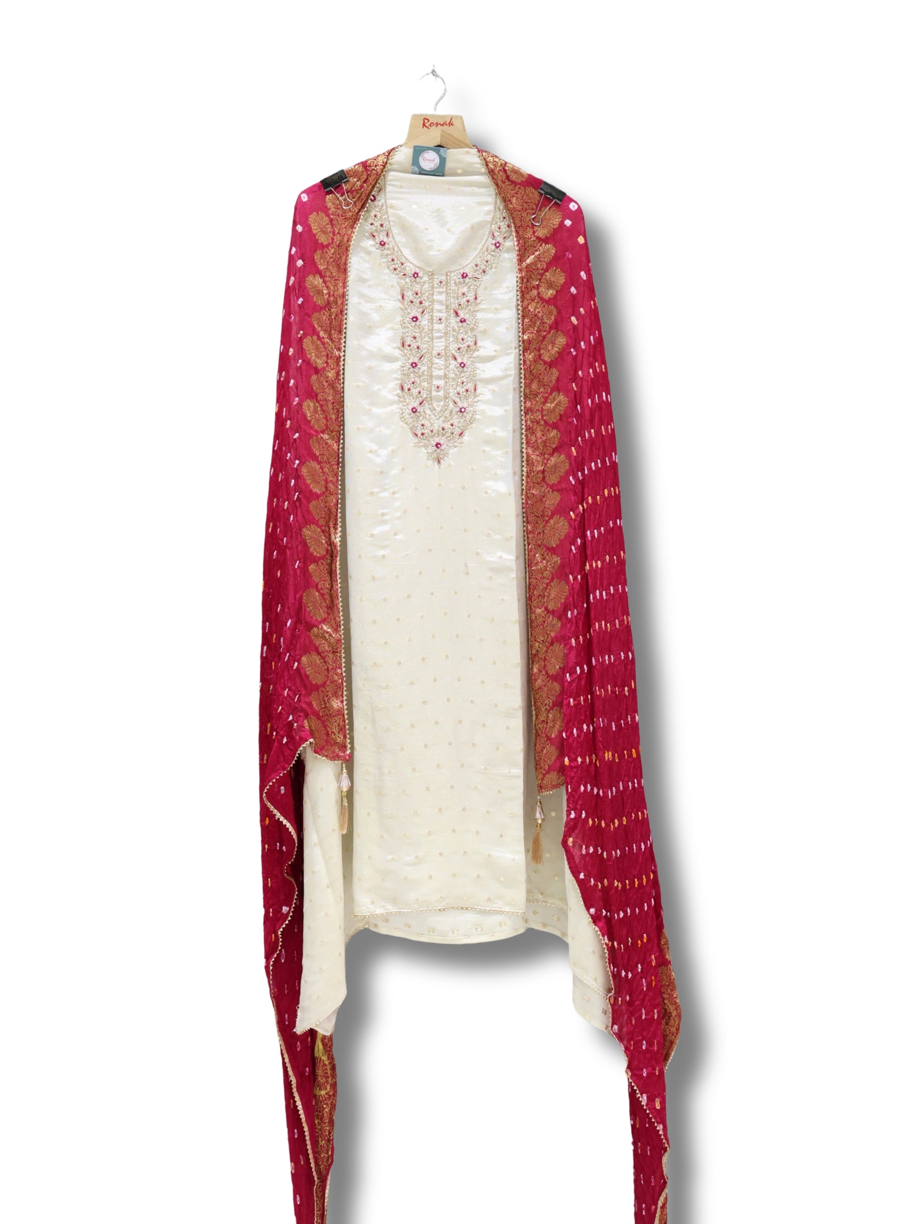 Premium Banarasi Butti Unstitched Suit with Heavy Handwork & Bandhej Silk Dupatta