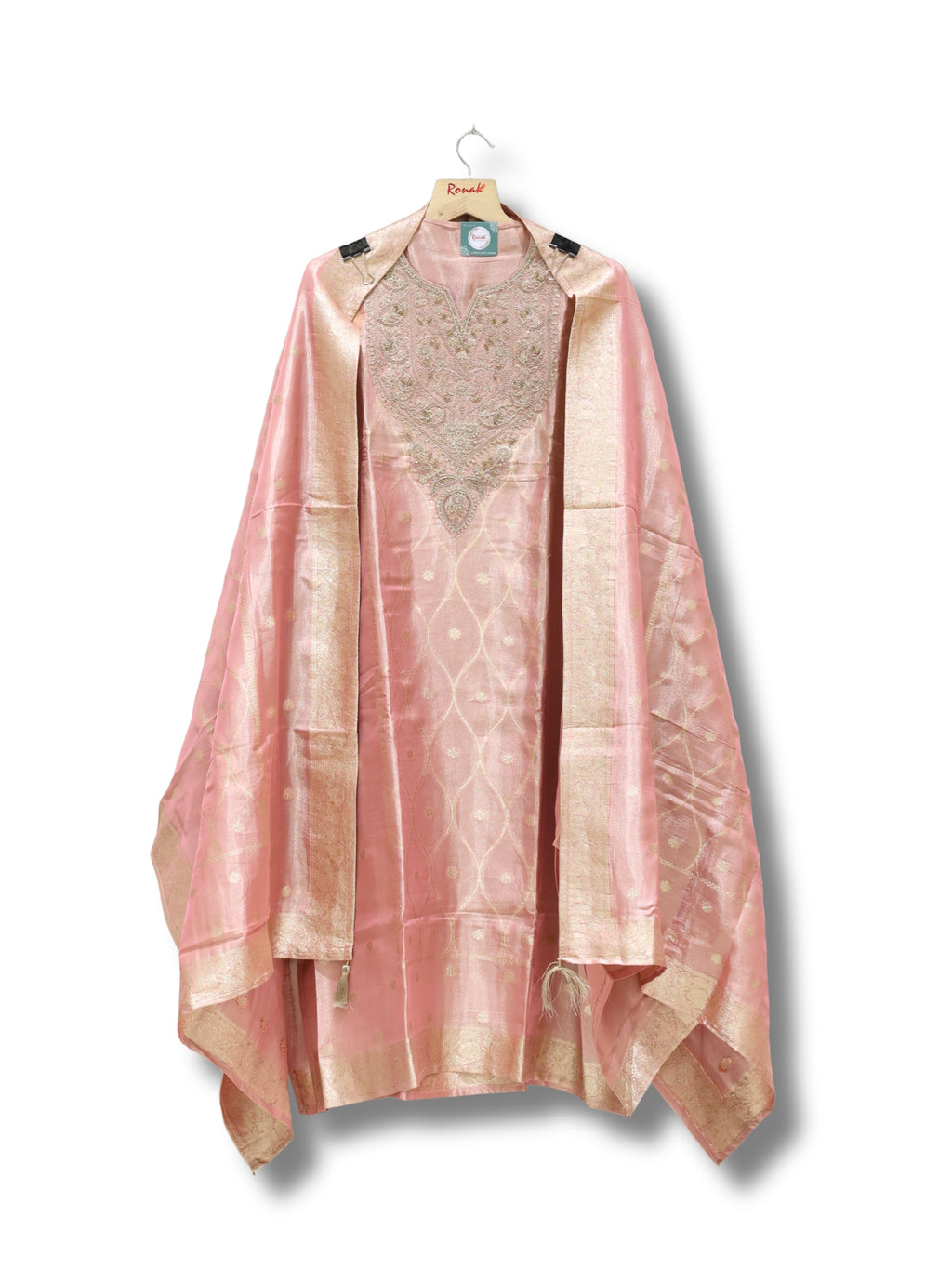 Premium Pure Simmer Unstitched Suit with Heavy Handwork Neck & Simmer Silk Dupatta