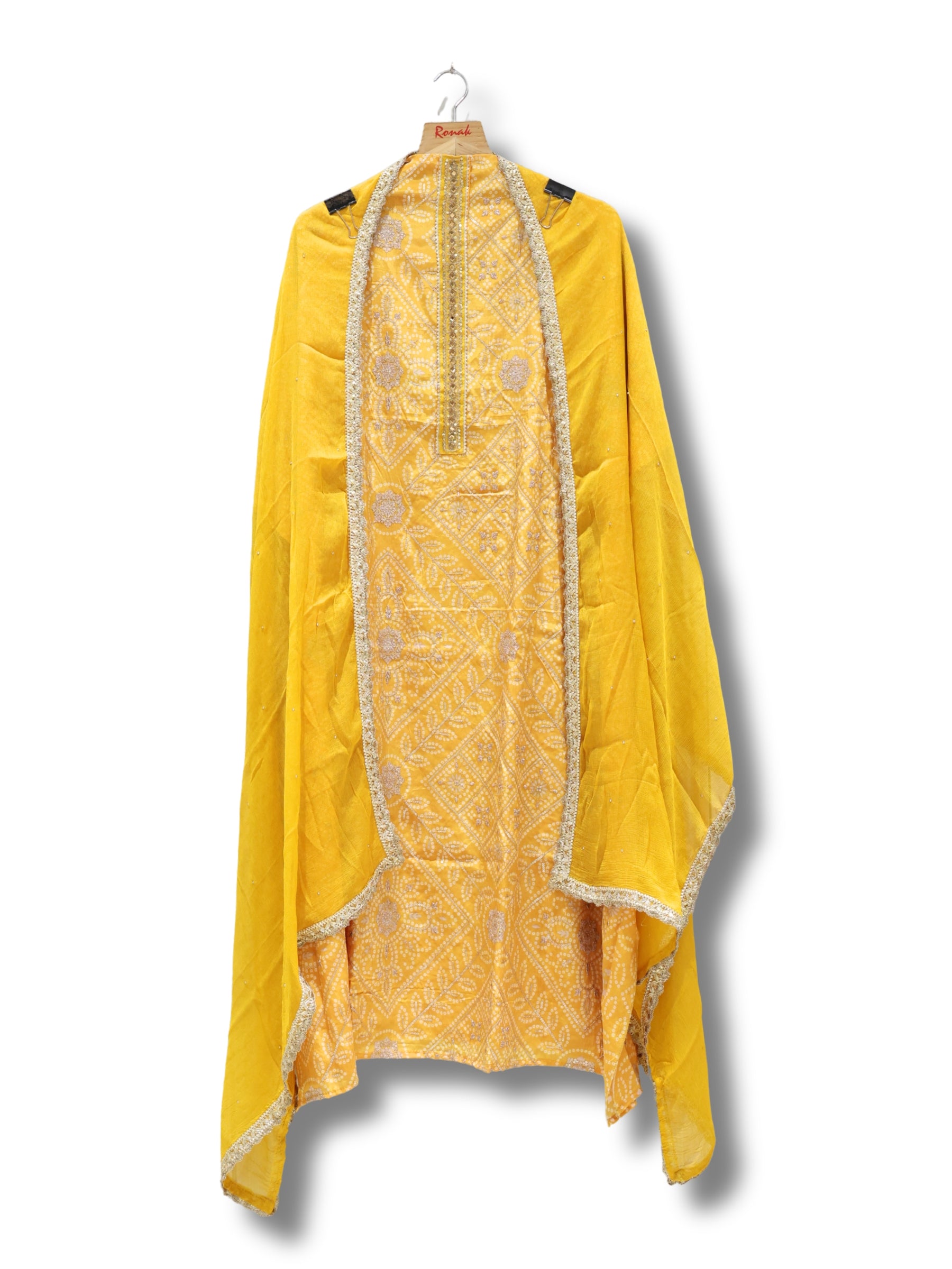 Premium Natural Chinon Bandhej Unstitched Suit with All-Over Thread Work