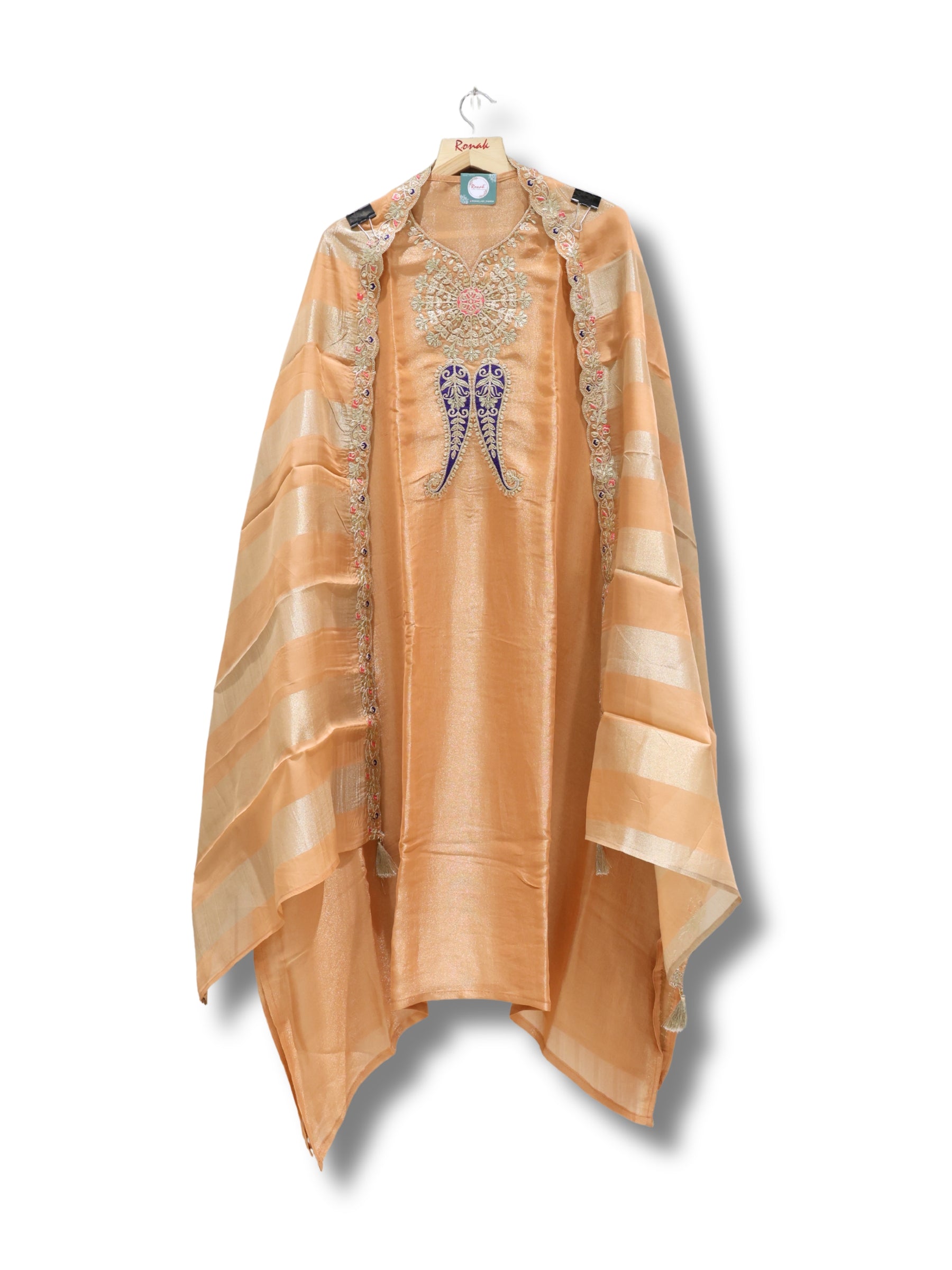 Premium Pure Simmer Unstitched Suit with Gota Patti Neck & Kanjiwaram Dupatta