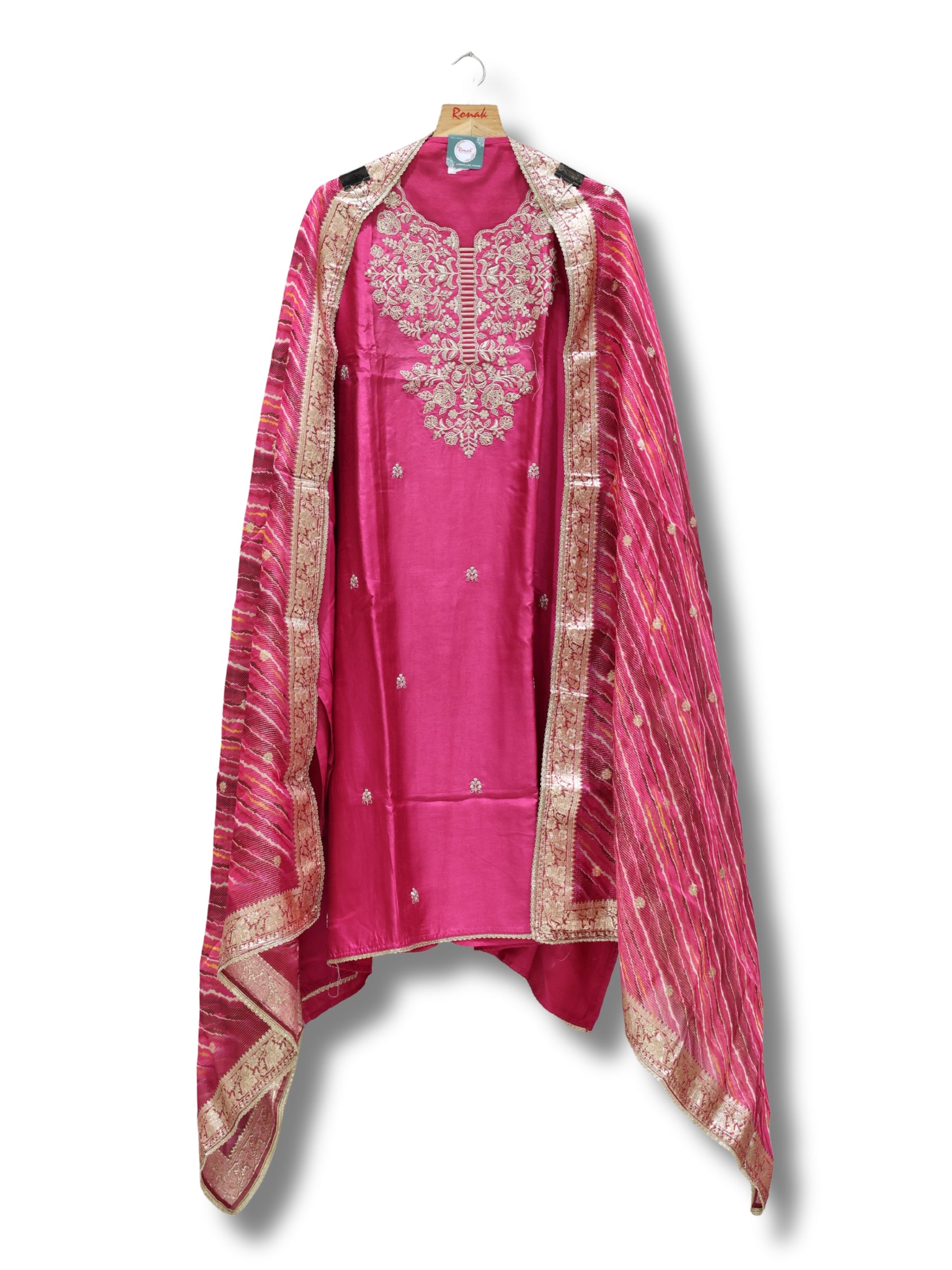Premium Pure Dola Silk Unstitched Suit with Handwork Neck & Heavy Silk Dupatta