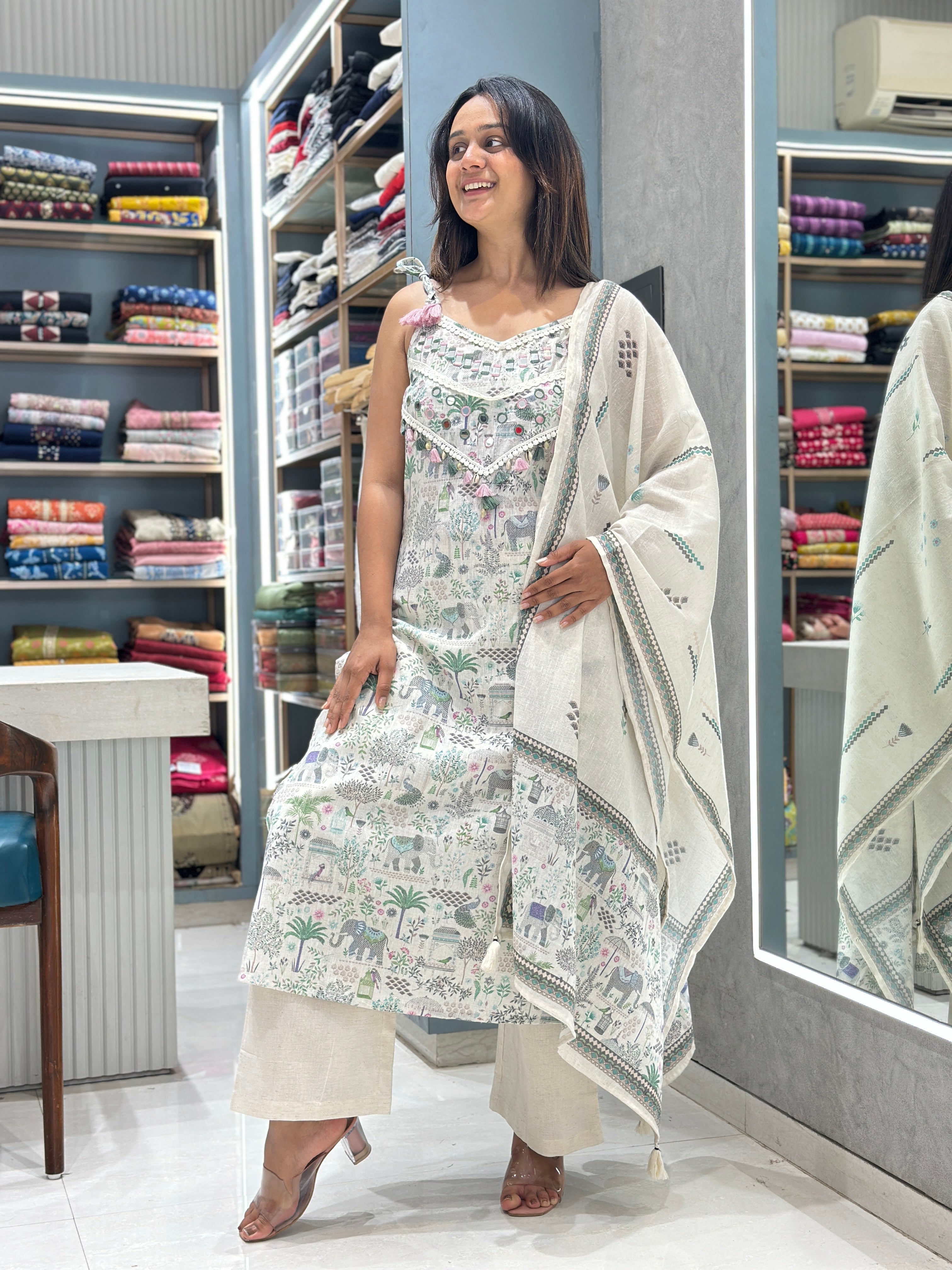 Pure Linen Cotton Spaghetti Style Dress with Dupatta