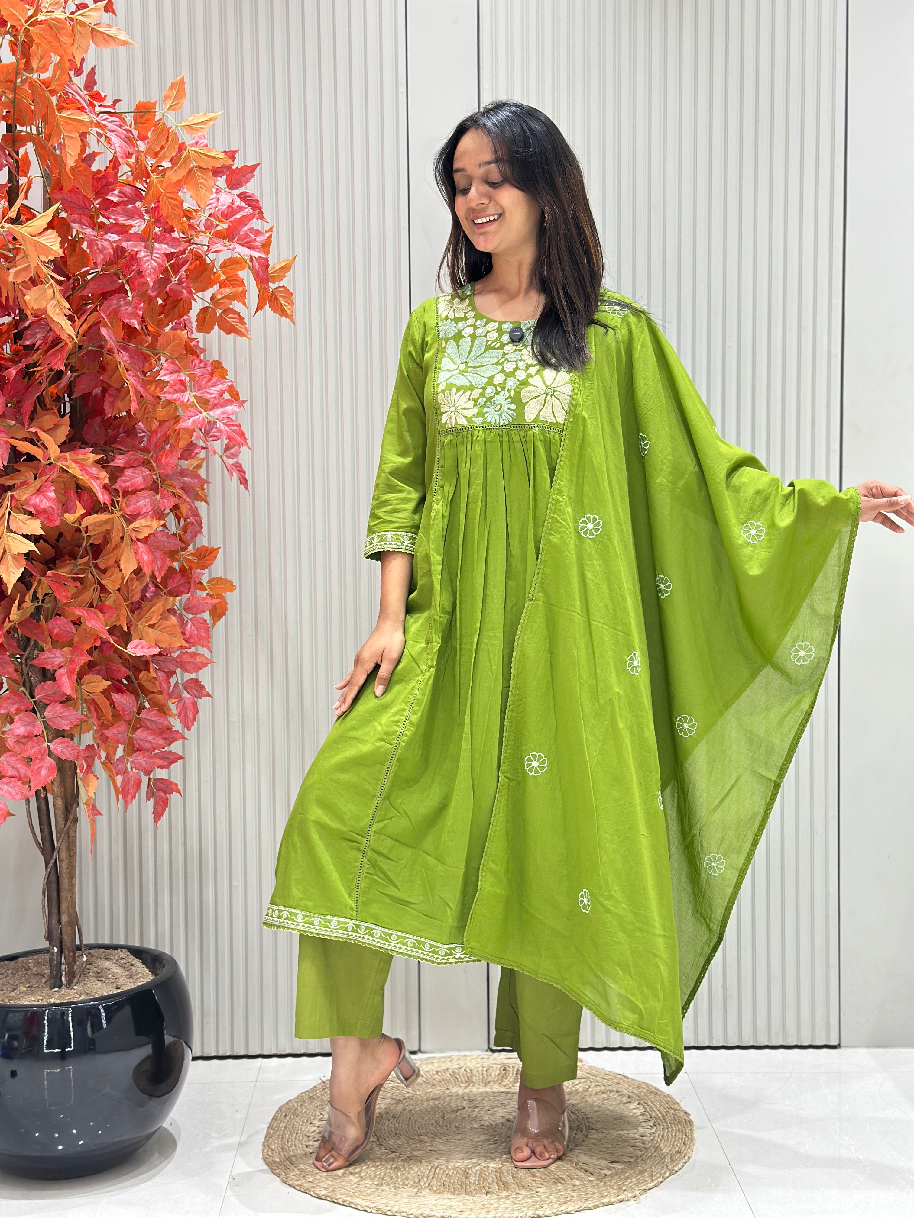 Pure Mal Cotton A-Line Dress with Mal Cotton Dupatta