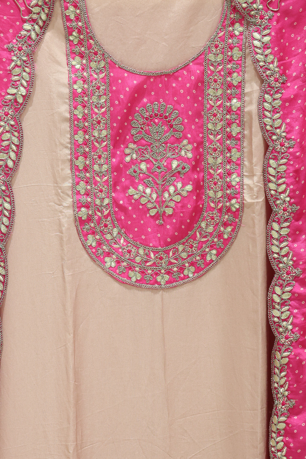 Premium Pure Silk Unstitched Suit with Gota Patti Work & Bandhej Dupatta