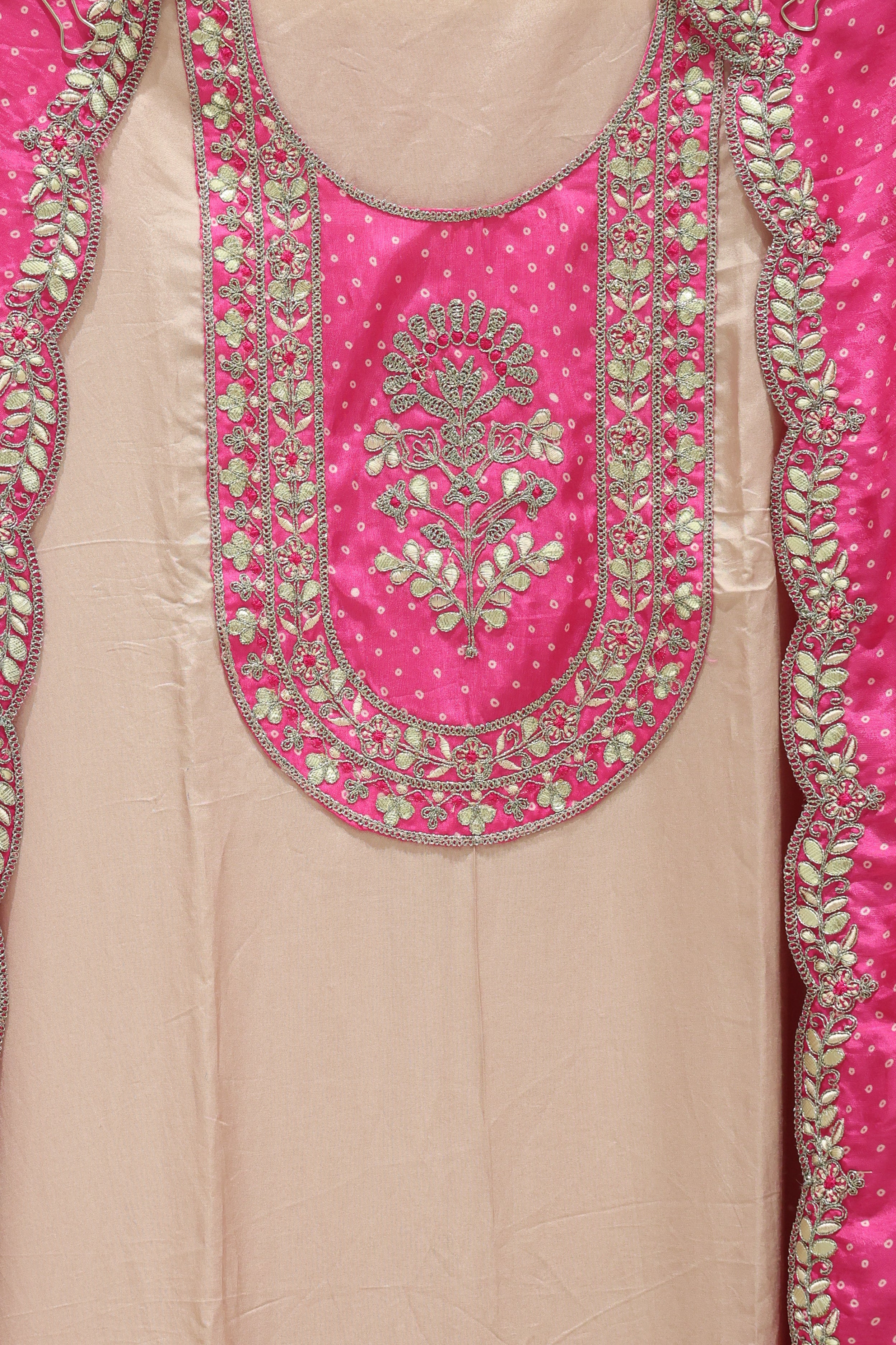 Premium Pure Silk Unstitched Suit with Gota Patti Work & Bandhej Dupatta