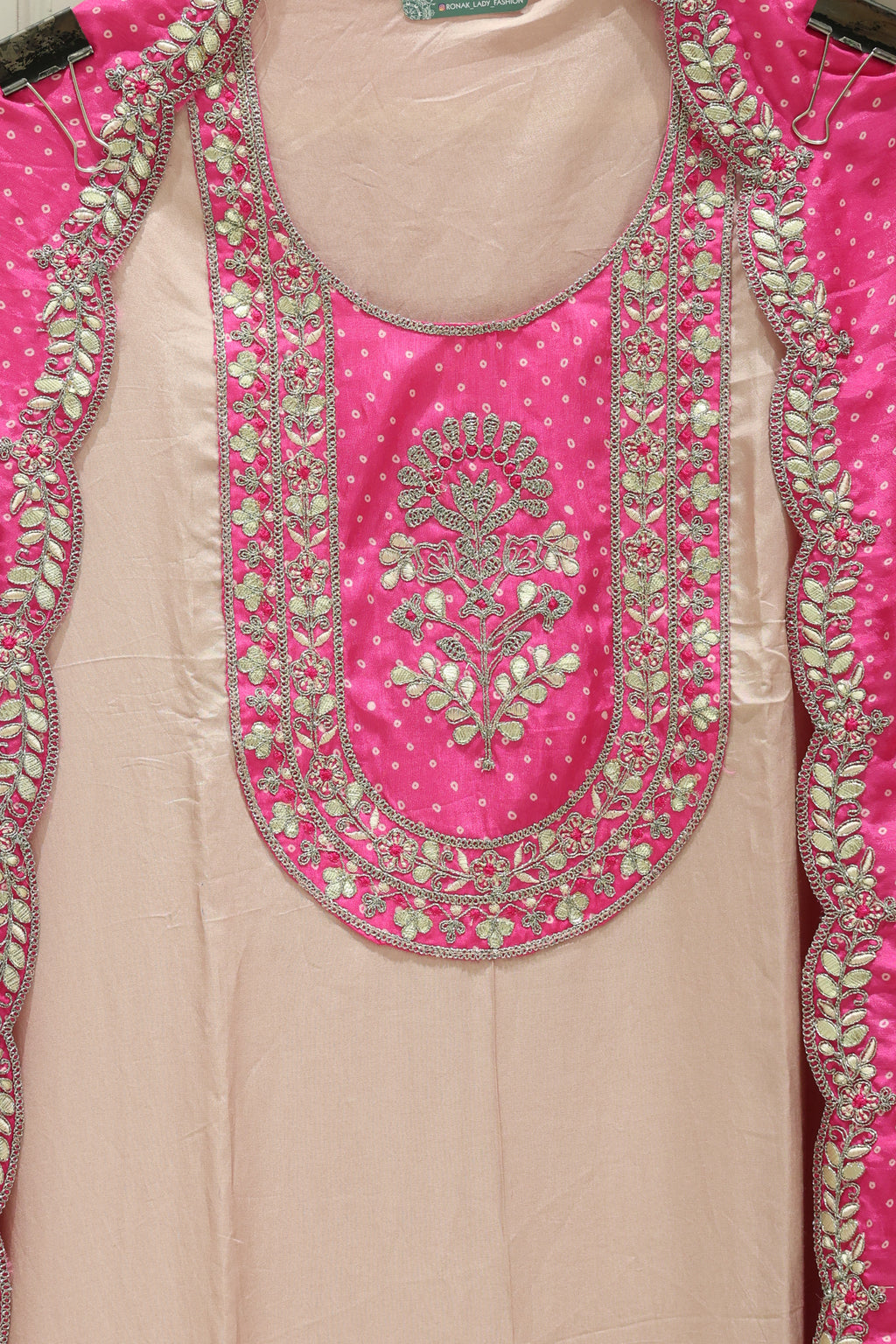 Premium Pure Silk Unstitched Suit with Gota Patti Work & Bandhej Dupatta