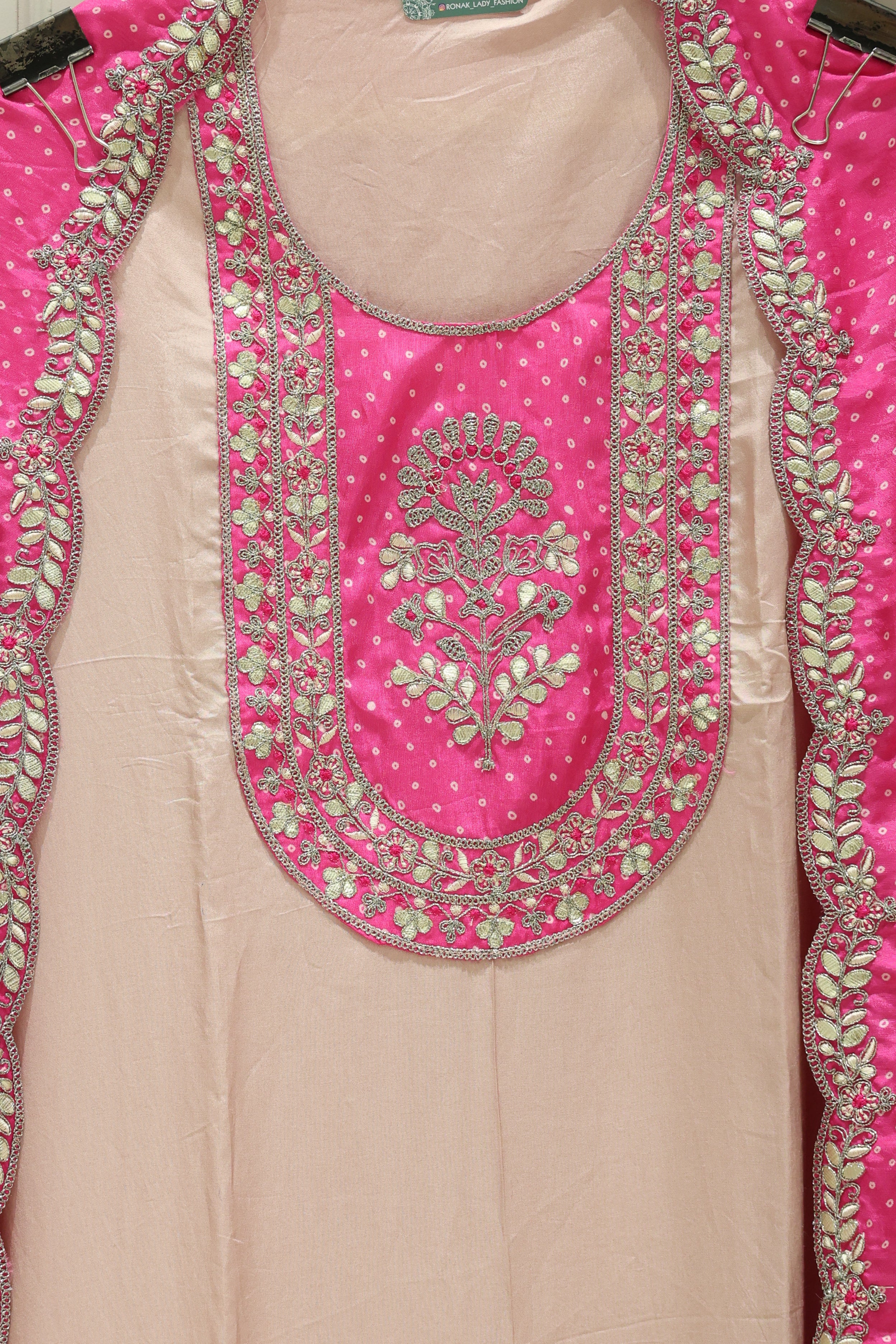 Premium Pure Silk Unstitched Suit with Gota Patti Work & Bandhej Dupatta