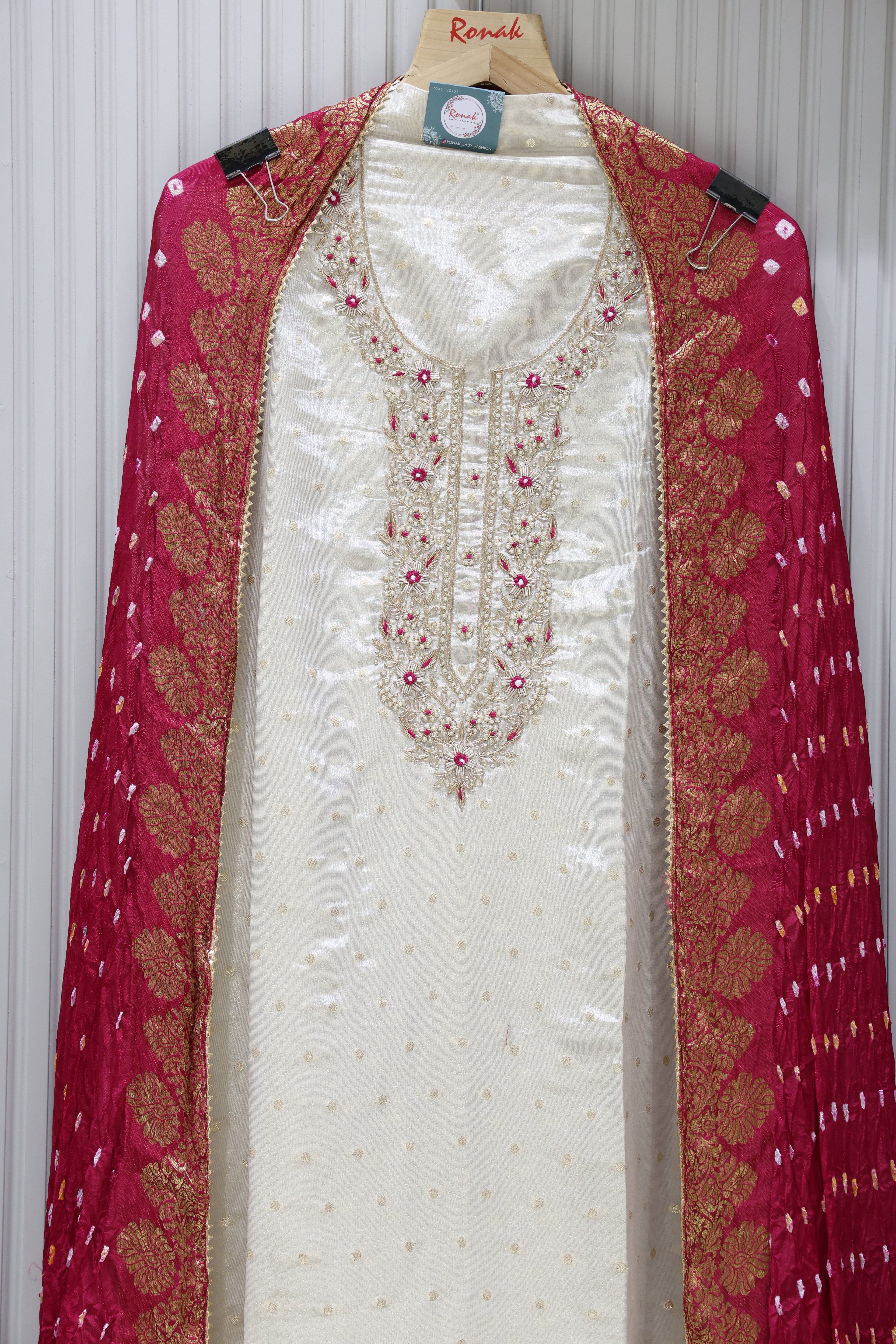 Premium Banarasi Butti Unstitched Suit with Heavy Handwork & Bandhej Silk Dupatta