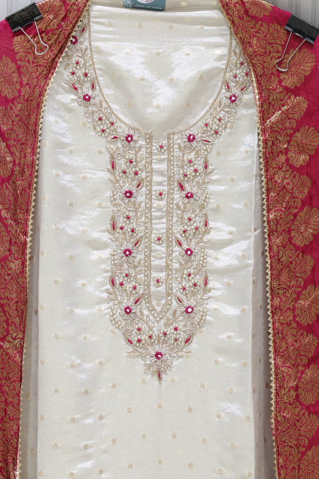 Premium Banarasi Butti Unstitched Suit with Heavy Handwork & Bandhej Silk Dupatta