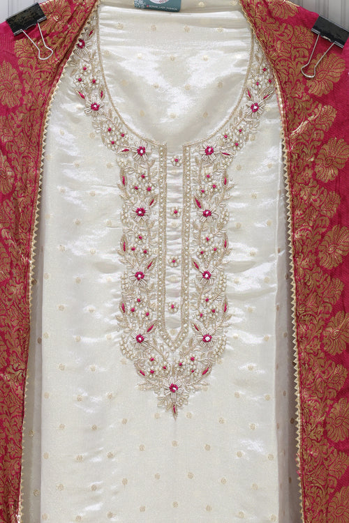 Premium Banarasi Butti Unstitched Suit with Heavy Handwork & Bandhej Silk Dupatta