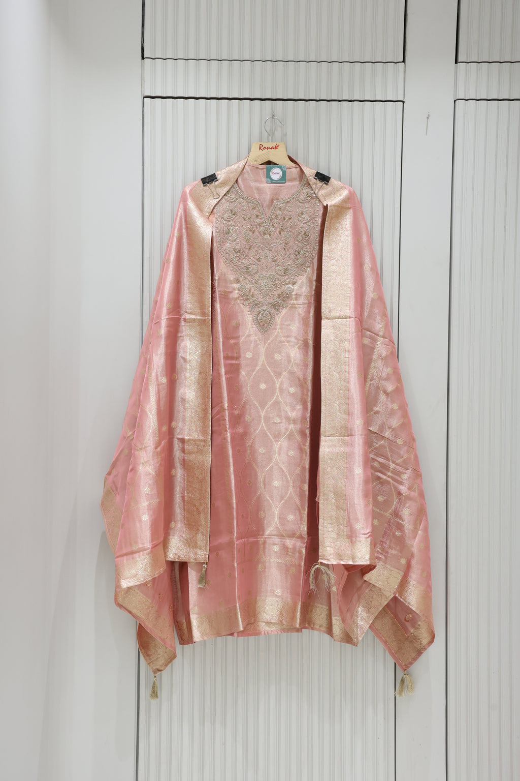Premium Pure Simmer Unstitched Suit with Heavy Handwork Neck & Simmer Silk Dupatta