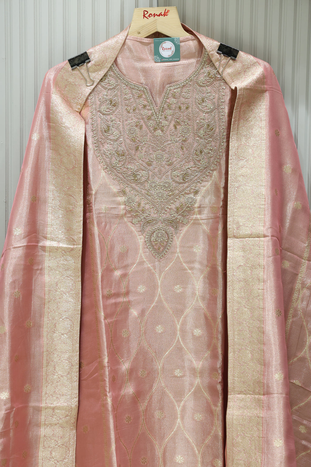 Premium Pure Simmer Unstitched Suit with Heavy Handwork Neck & Simmer Silk Dupatta