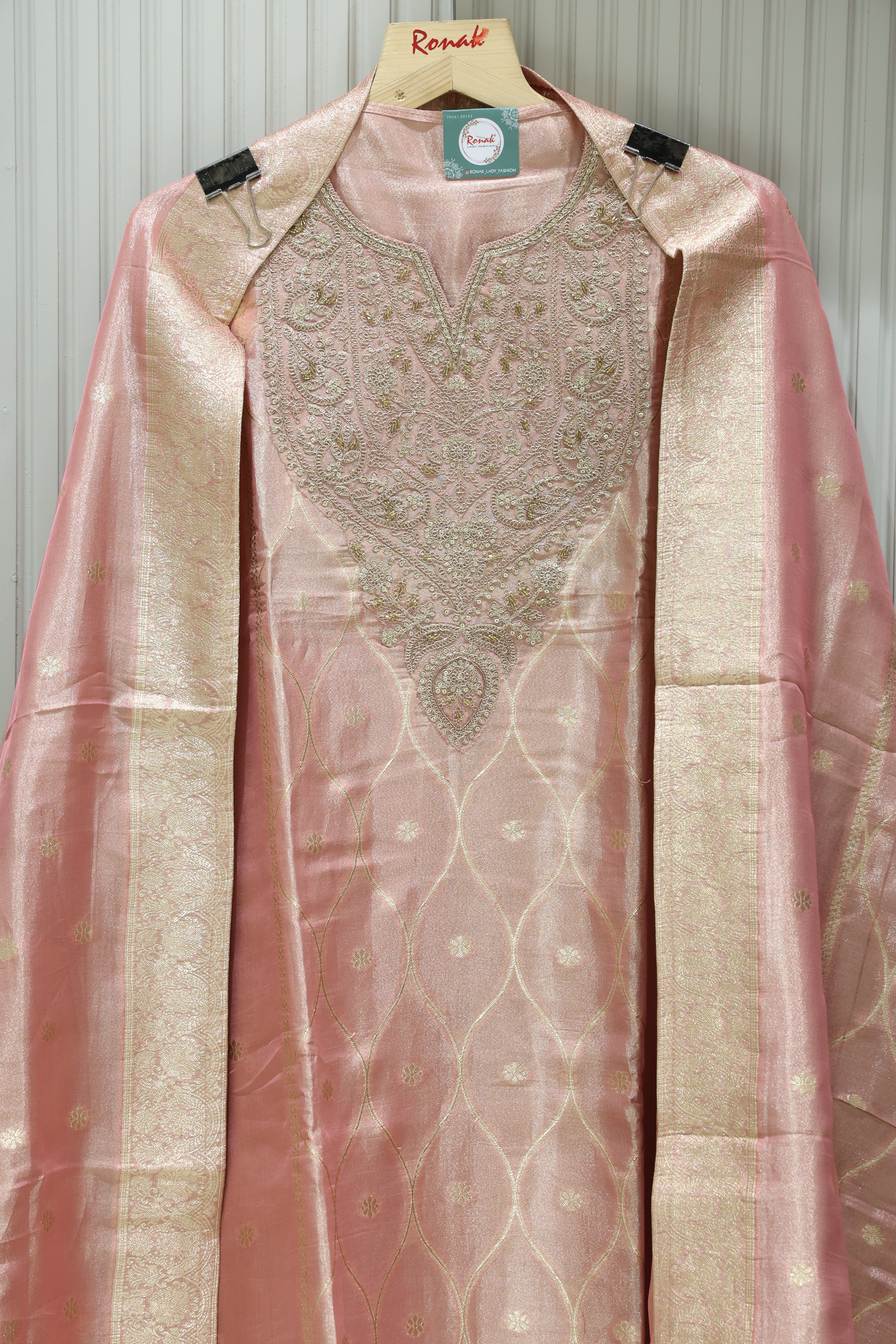 Premium Pure Simmer Unstitched Suit with Heavy Handwork Neck & Simmer Silk Dupatta