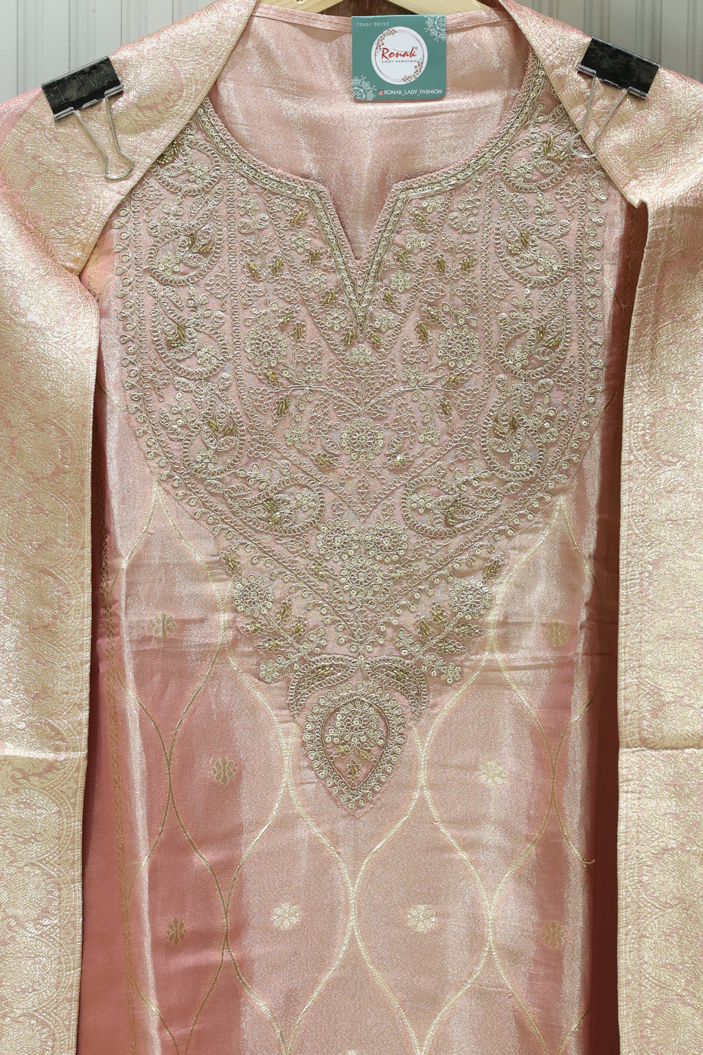 Premium Pure Simmer Unstitched Suit with Heavy Handwork Neck & Simmer Silk Dupatta