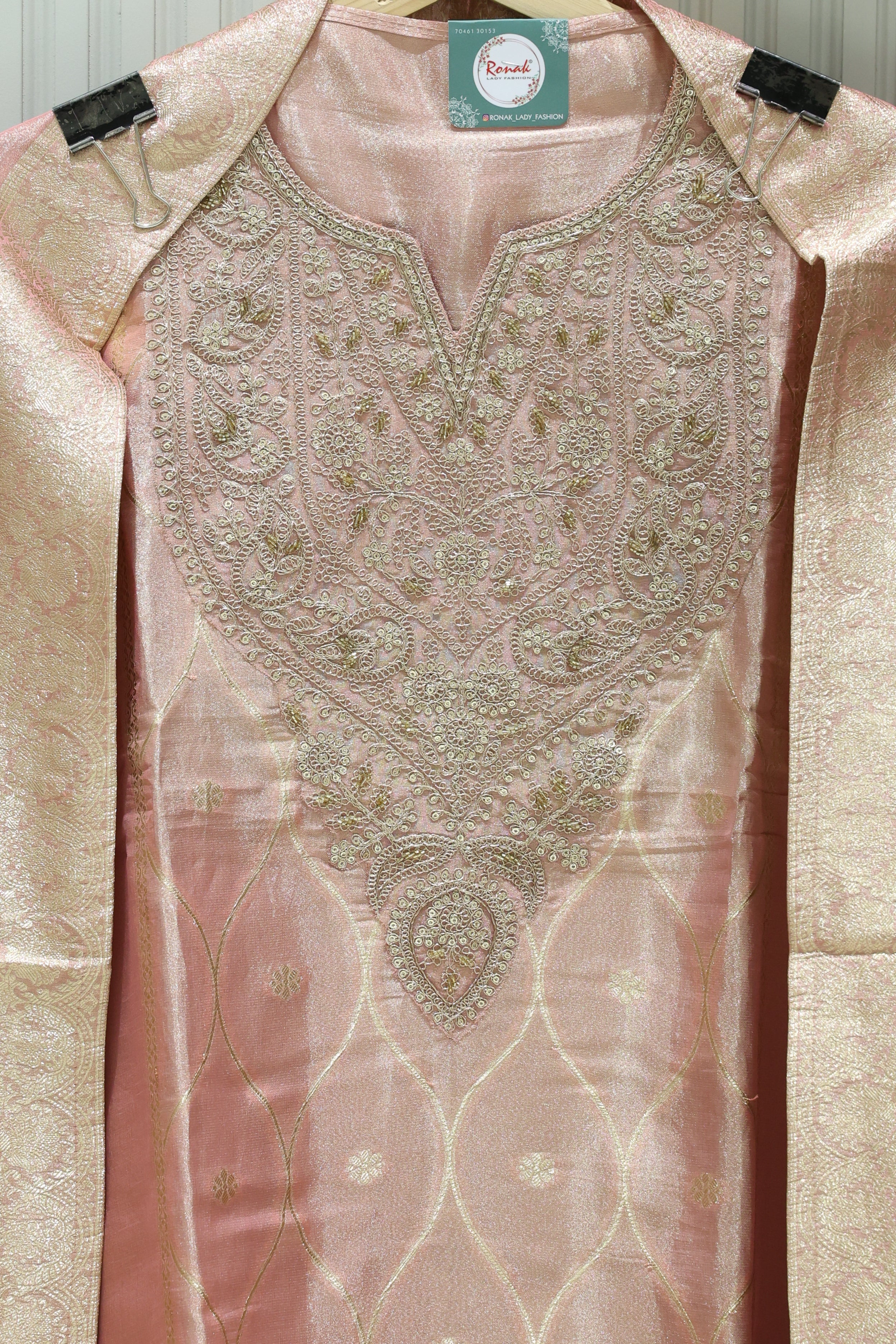 Premium Pure Simmer Unstitched Suit with Heavy Handwork Neck & Simmer Silk Dupatta