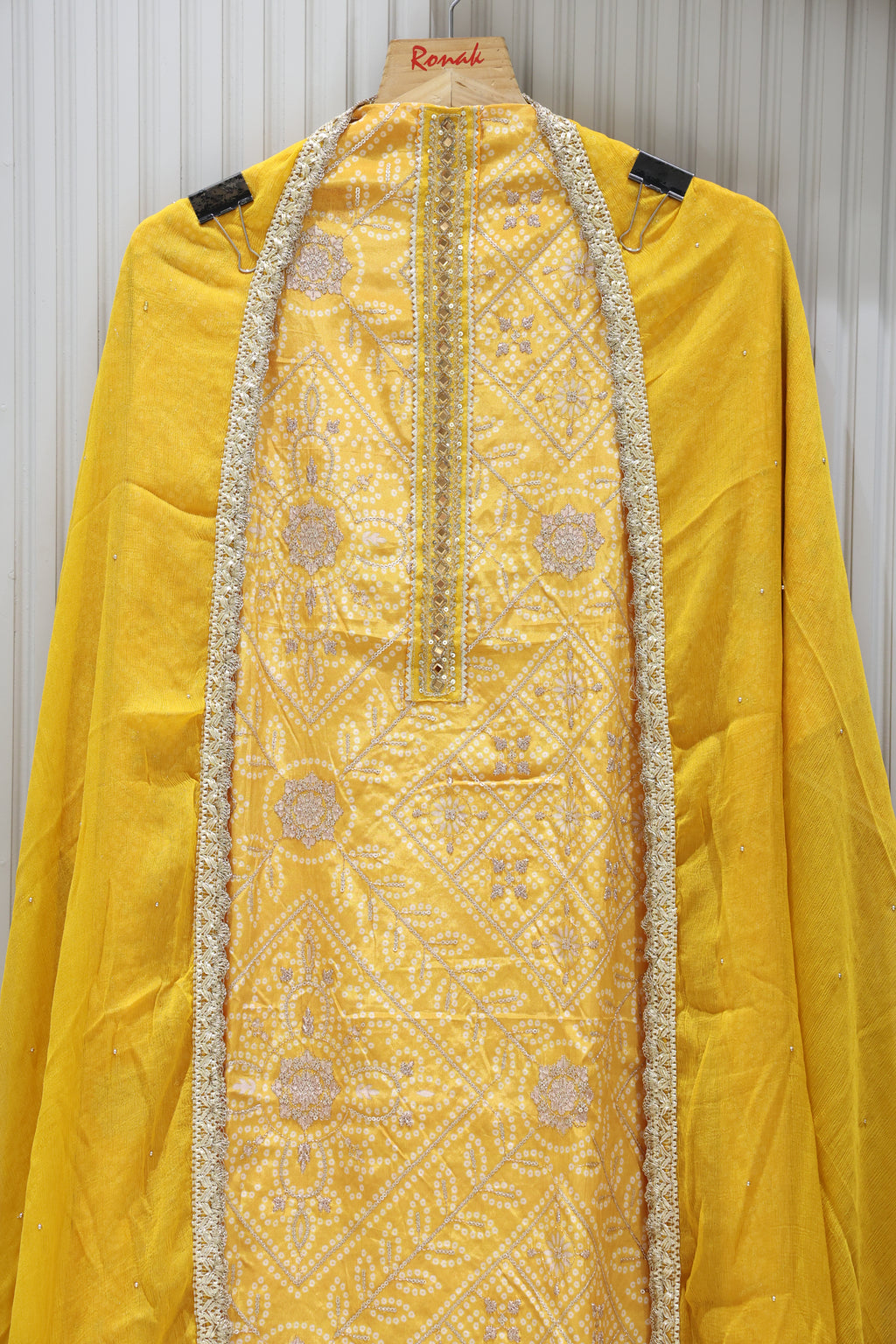 Premium Natural Chinon Bandhej Unstitched Suit with All-Over Thread Work