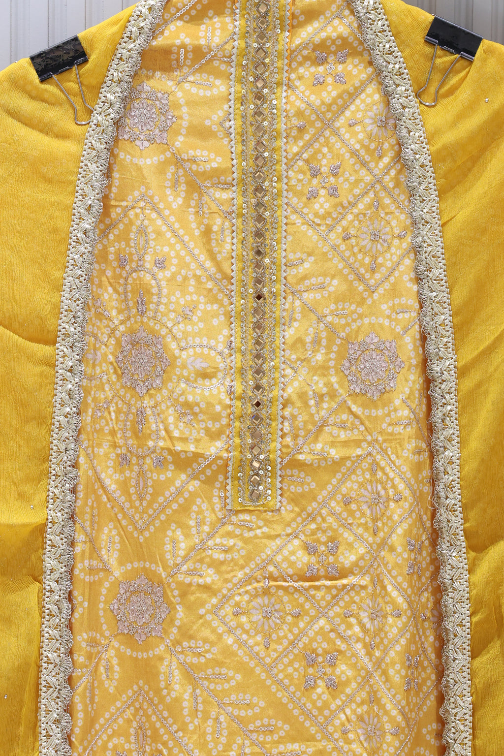 Premium Natural Chinon Bandhej Unstitched Suit with All-Over Thread Work