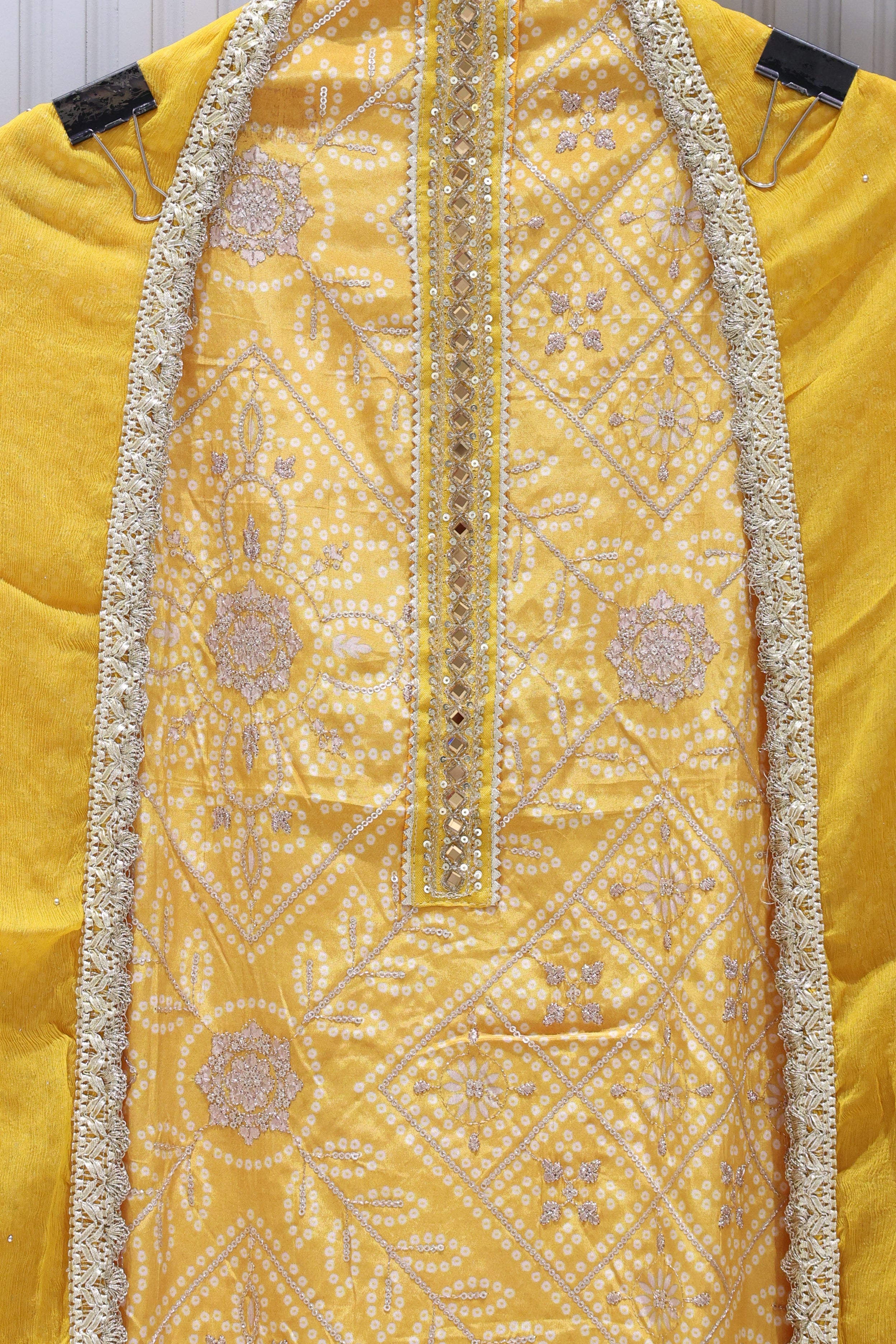 Premium Natural Chinon Bandhej Unstitched Suit with All-Over Thread Work