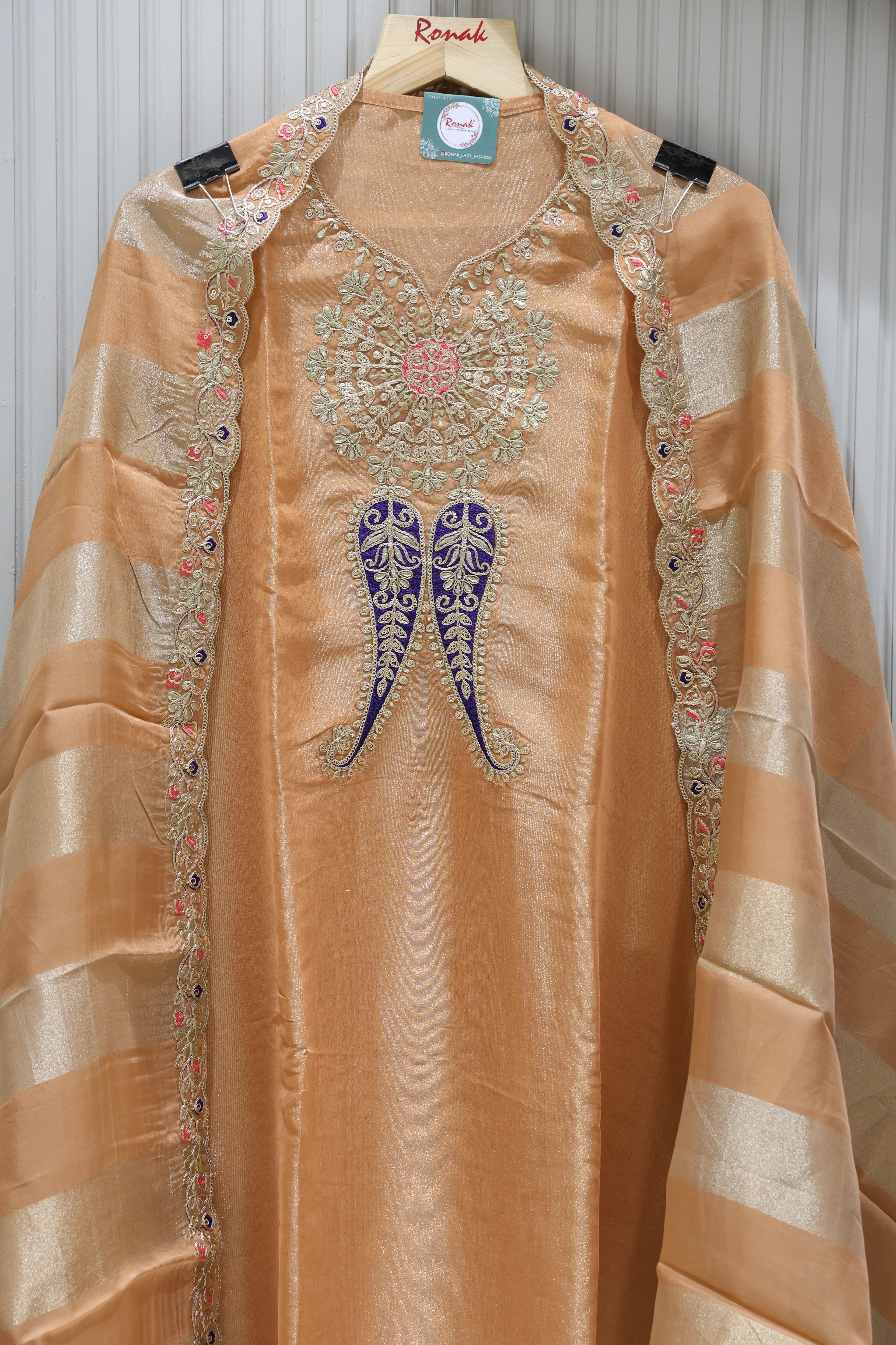 Premium Pure Simmer Unstitched Suit with Gota Patti Neck & Kanjiwaram Dupatta