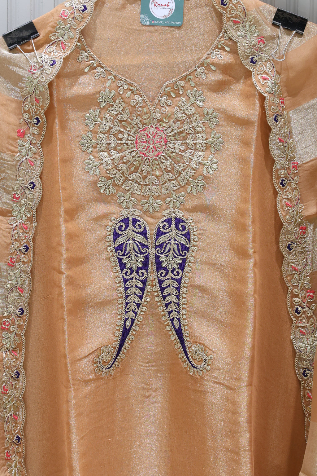 Premium Pure Simmer Unstitched Suit with Gota Patti Neck & Kanjiwaram Dupatta