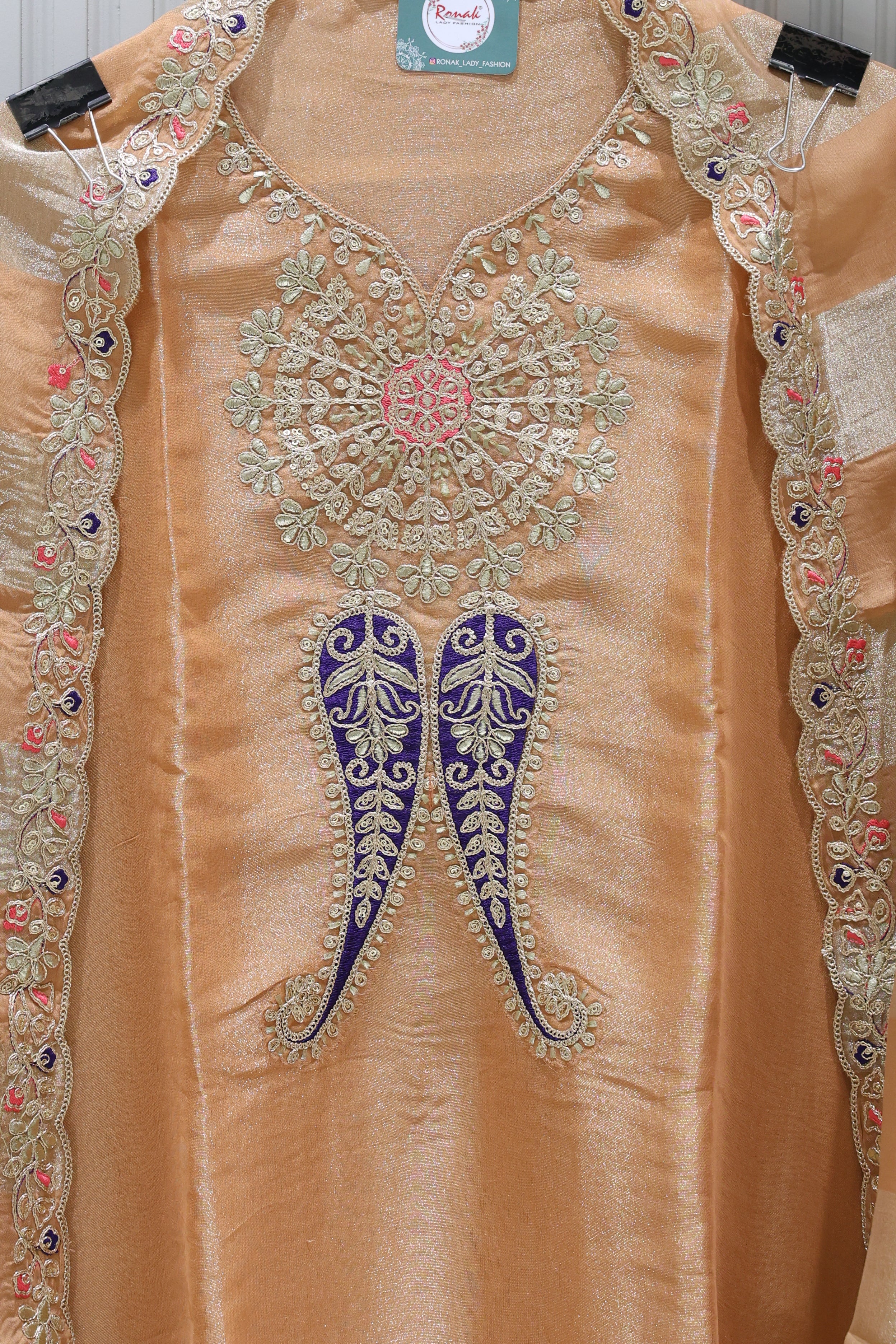 Premium Pure Simmer Unstitched Suit with Gota Patti Neck & Kanjiwaram Dupatta