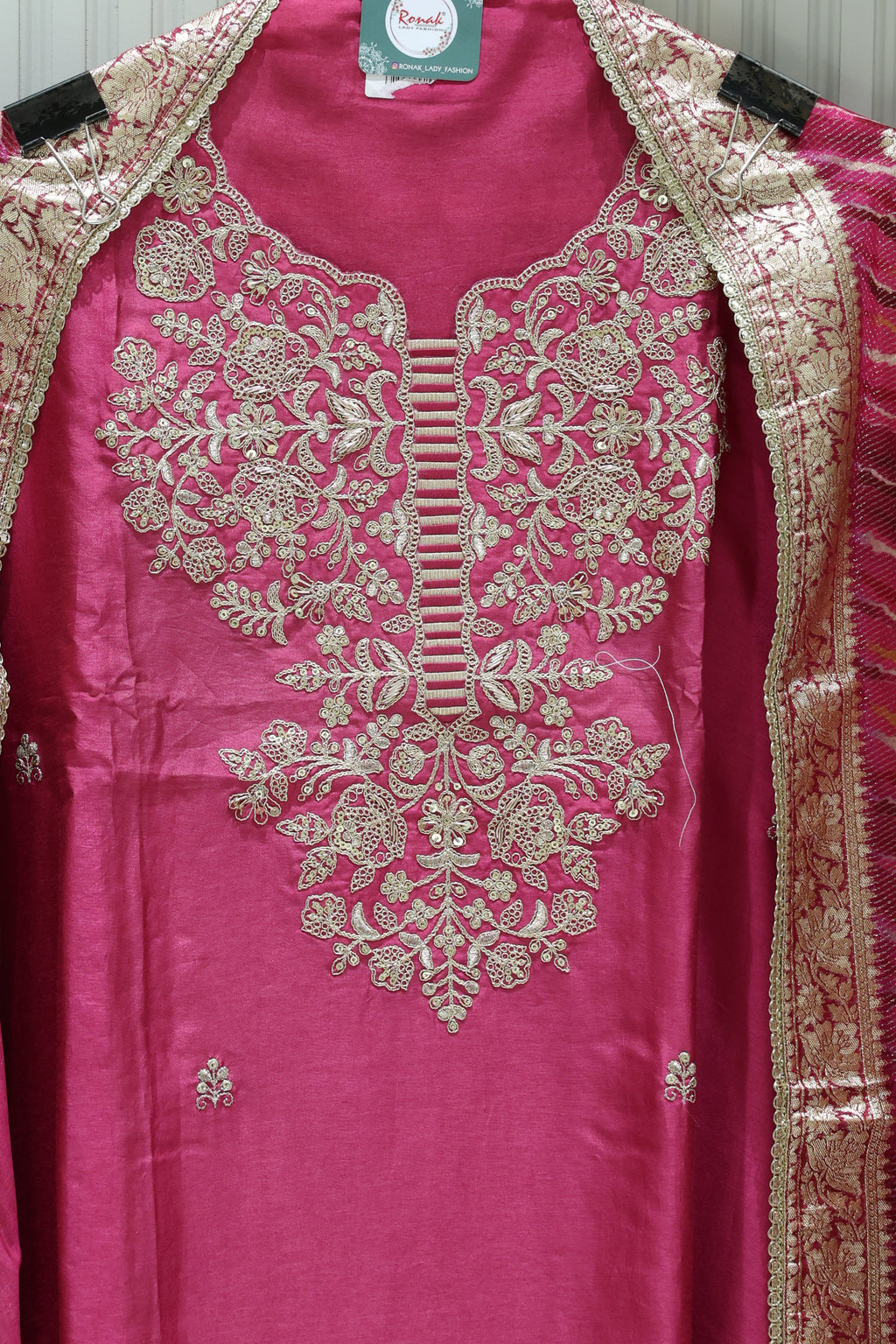 Premium Pure Dola Silk Unstitched Suit with Handwork Neck & Heavy Silk Dupatta