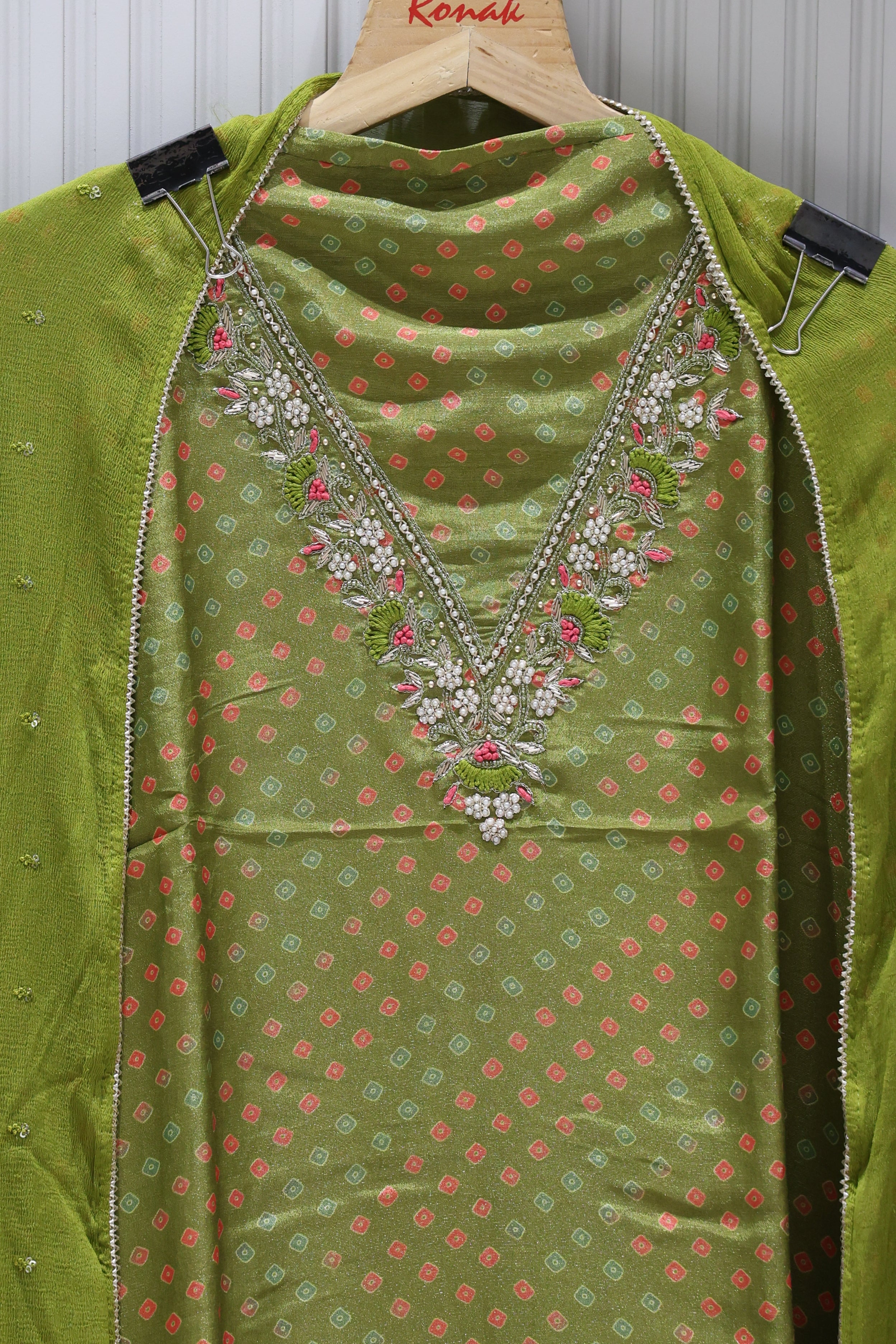 Premium simmer Suit with neck line handwork & pure chiffon Dupatta