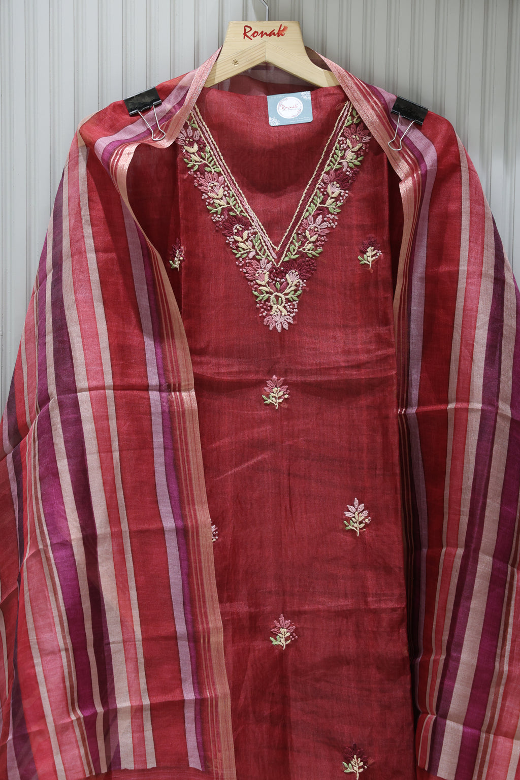 Premium Pure Tissue Unstitched Suit with Thread Work & Lining Dupatta