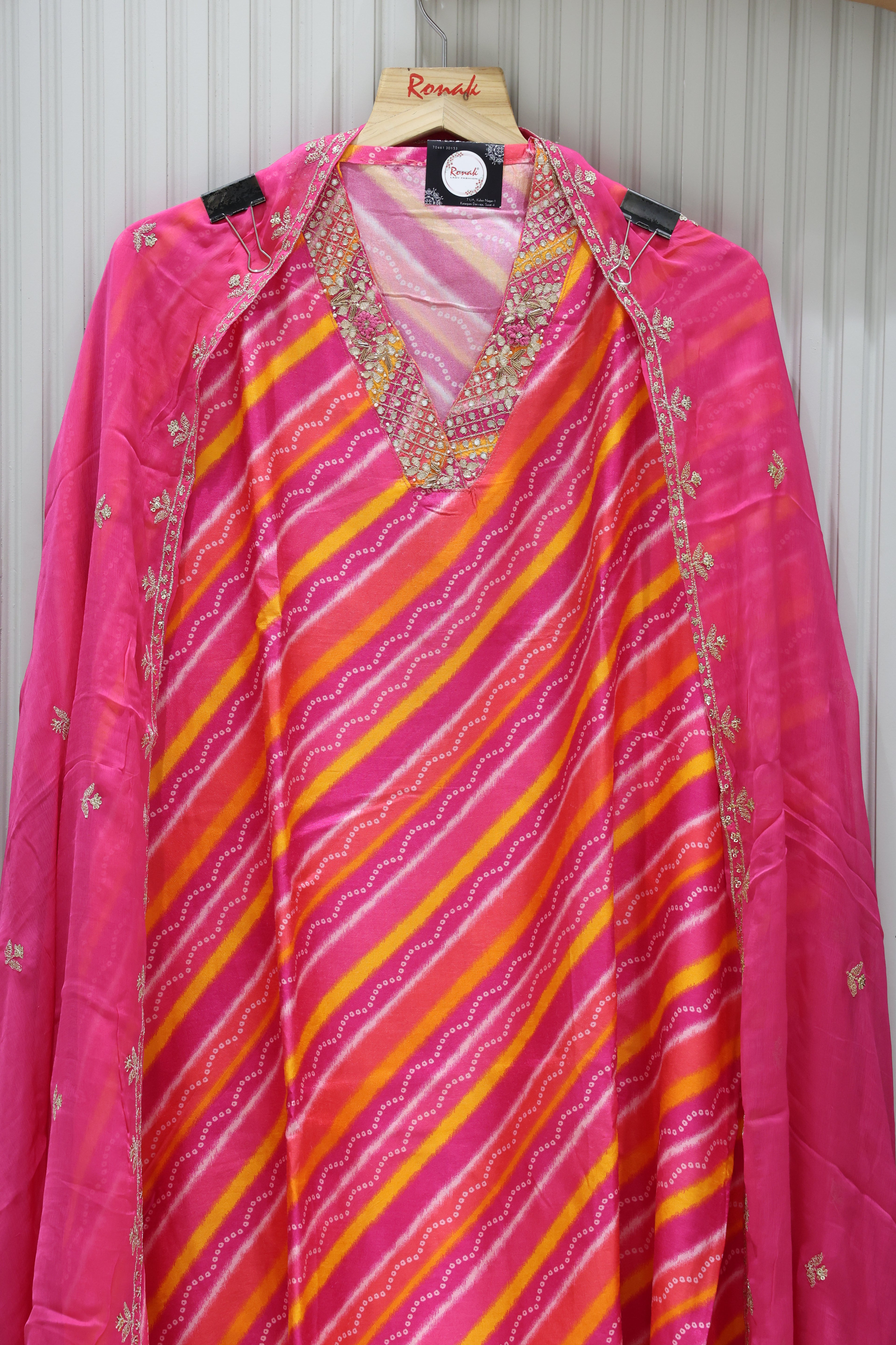 Premium Dola Silk Leheriya Unstitched Suit with Heavy Chiffon Dupatta