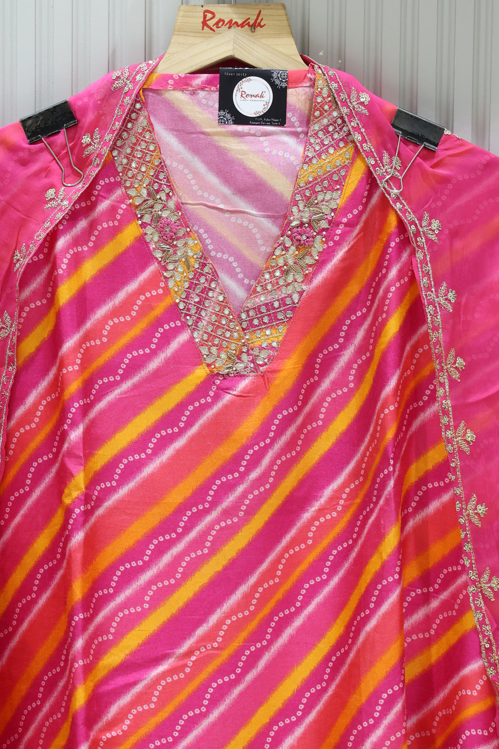 Premium Dola Silk Leheriya Unstitched Suit with Heavy Chiffon Dupatta