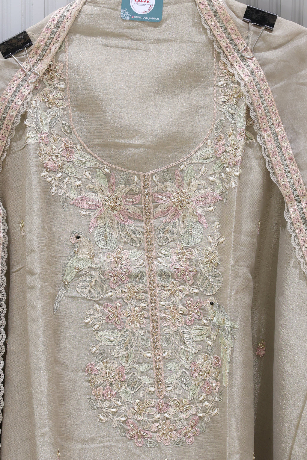 Premium Dola Silk Suit with Jardosi Neck Work & Heavy Bandhej Dupatta