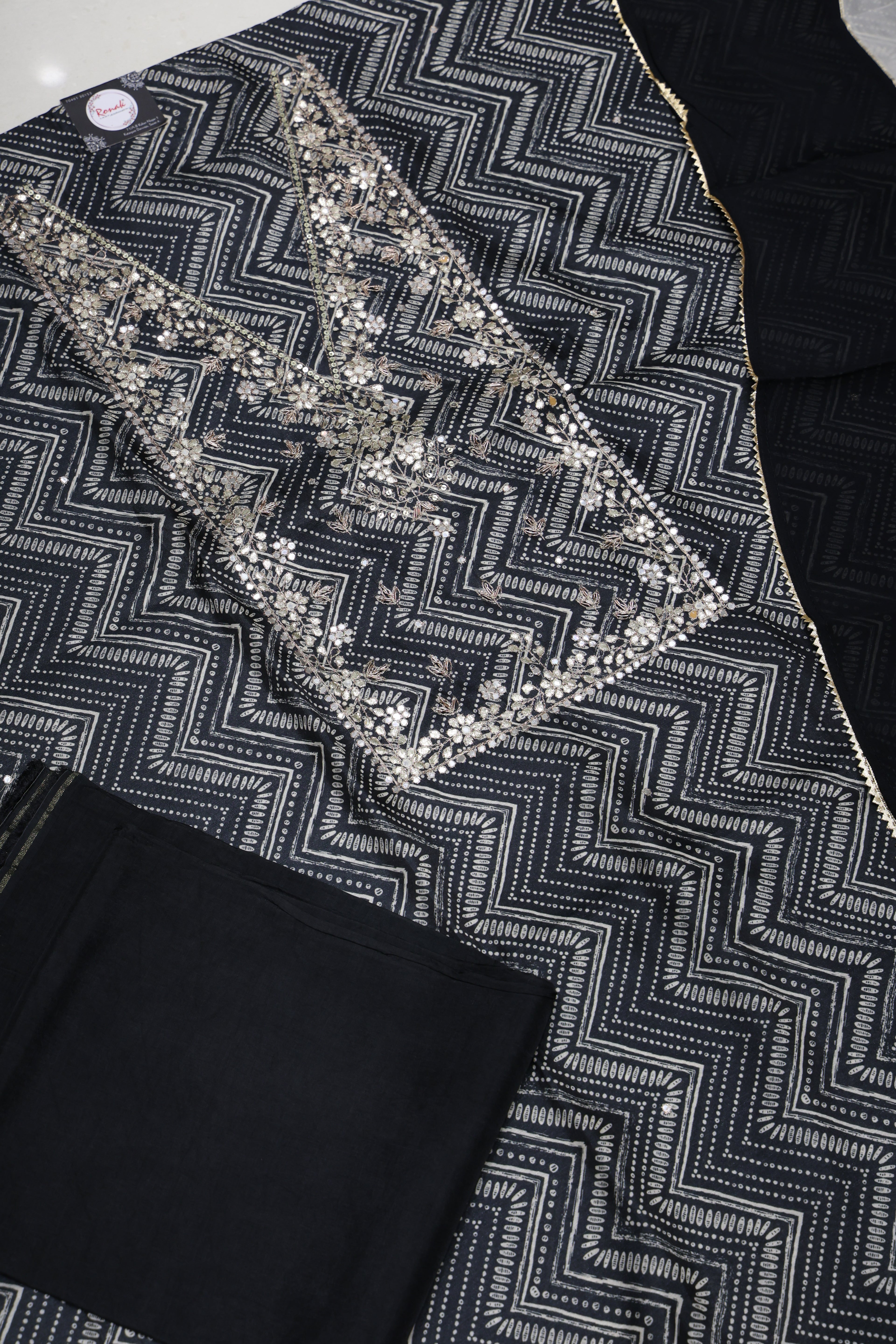 Premium Pure Silk Unstitched Suit with Heavy Neck Work & Pure Chiffon Dupatta