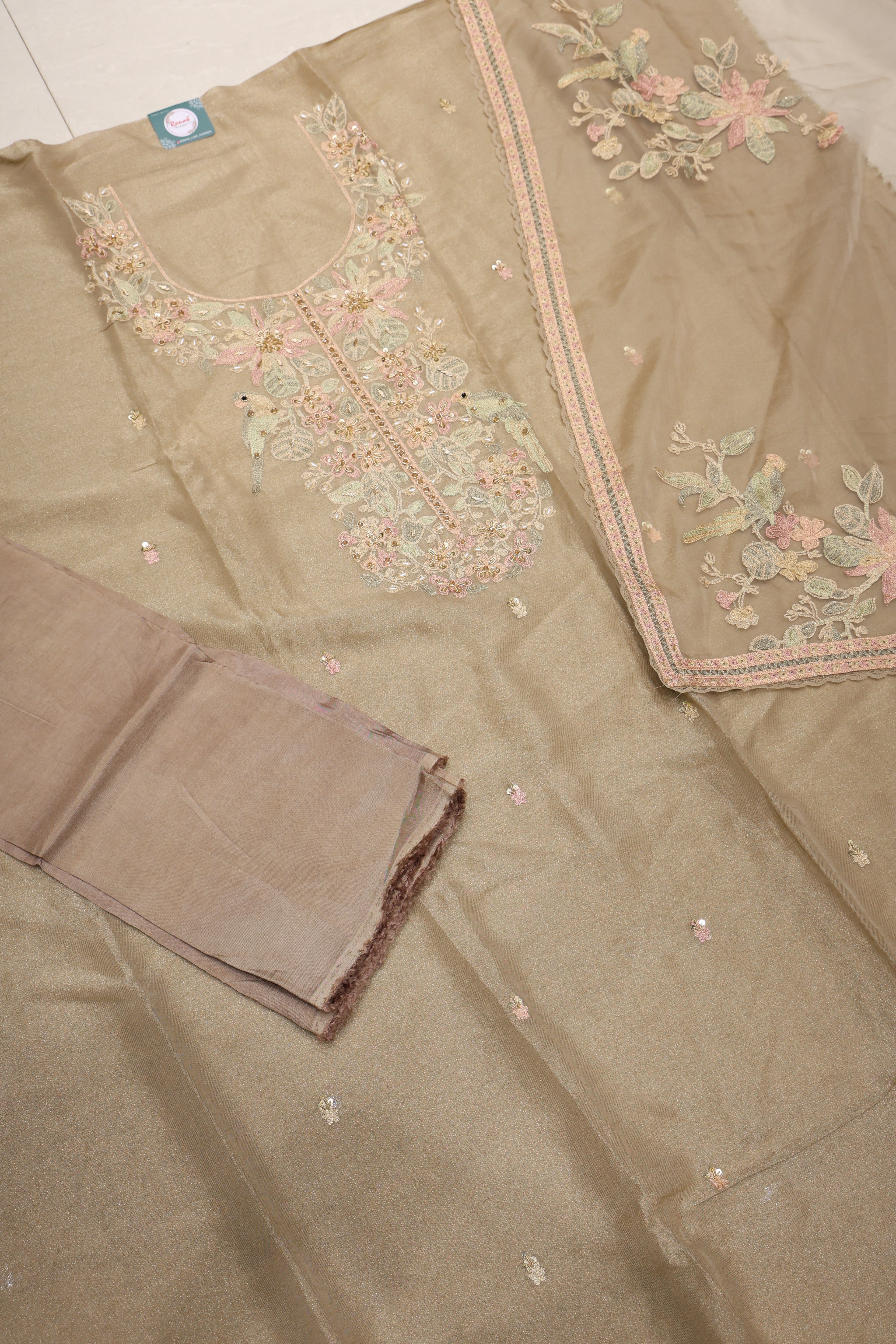 Premium Dola Silk Suit with Jardosi Neck Work & Heavy Bandhej Dupatta