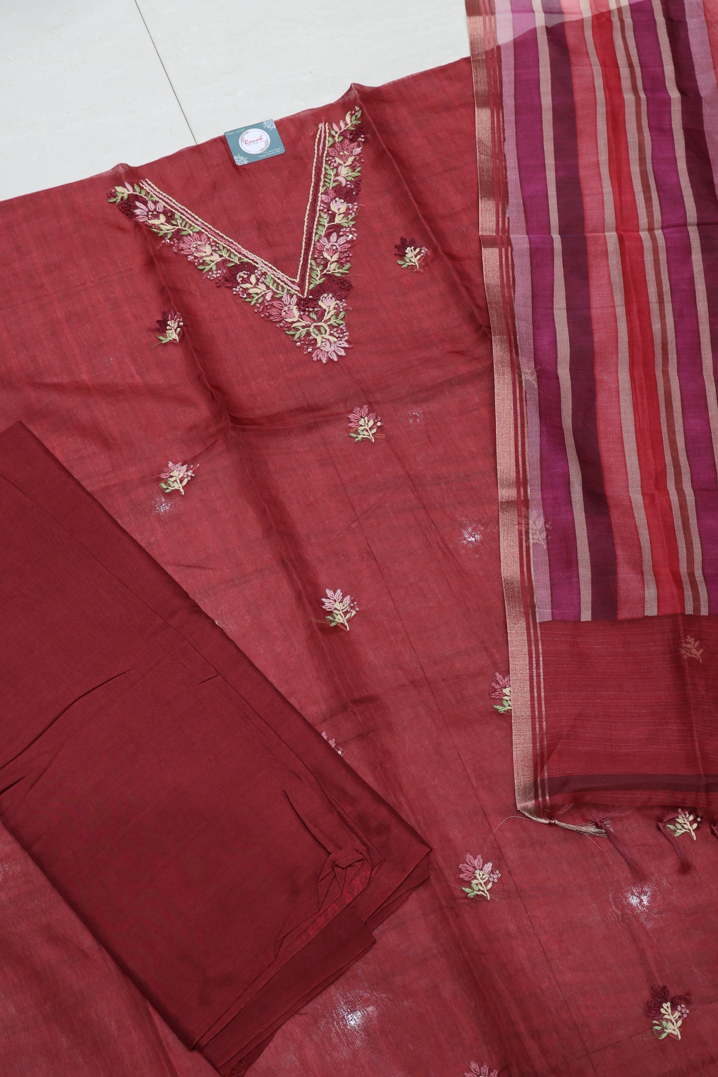 Premium Pure Tissue Unstitched Suit with Thread Work & Lining Dupatta