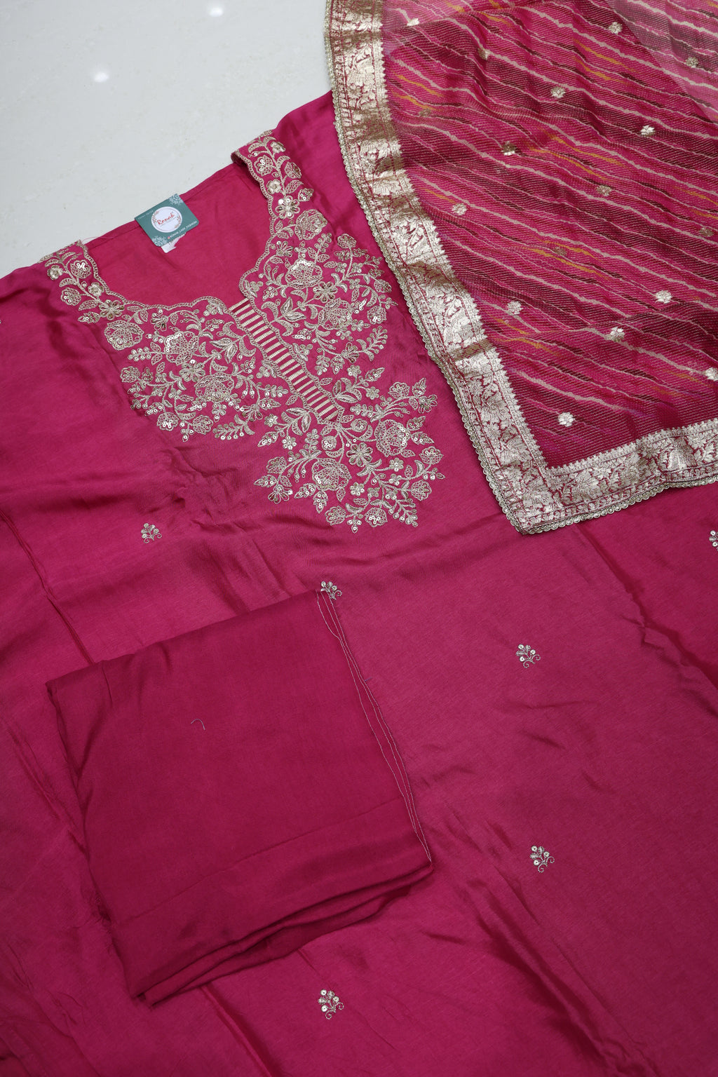 Premium Pure Dola Silk Unstitched Suit with Handwork Neck & Heavy Silk Dupatta
