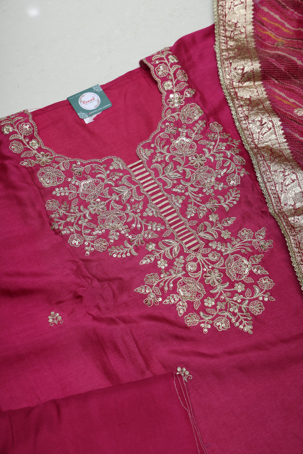 Premium Pure Dola Silk Unstitched Suit with Handwork Neck & Heavy Silk Dupatta