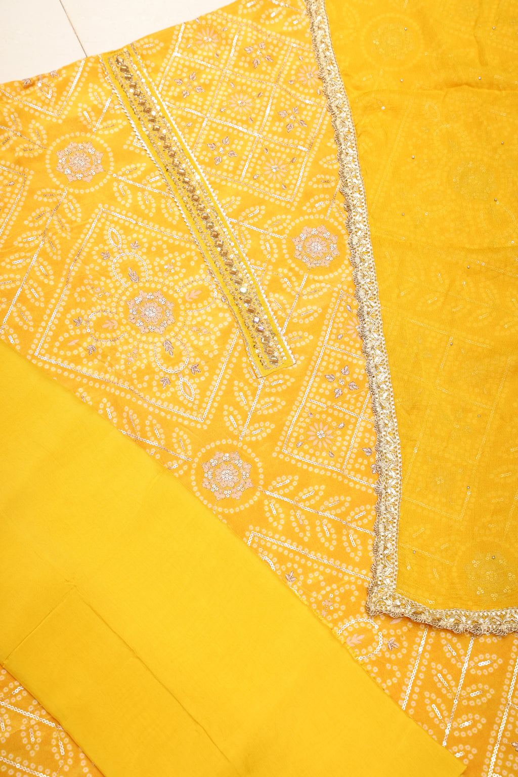 Premium Natural Chinon Bandhej Unstitched Suit with All-Over Thread Work