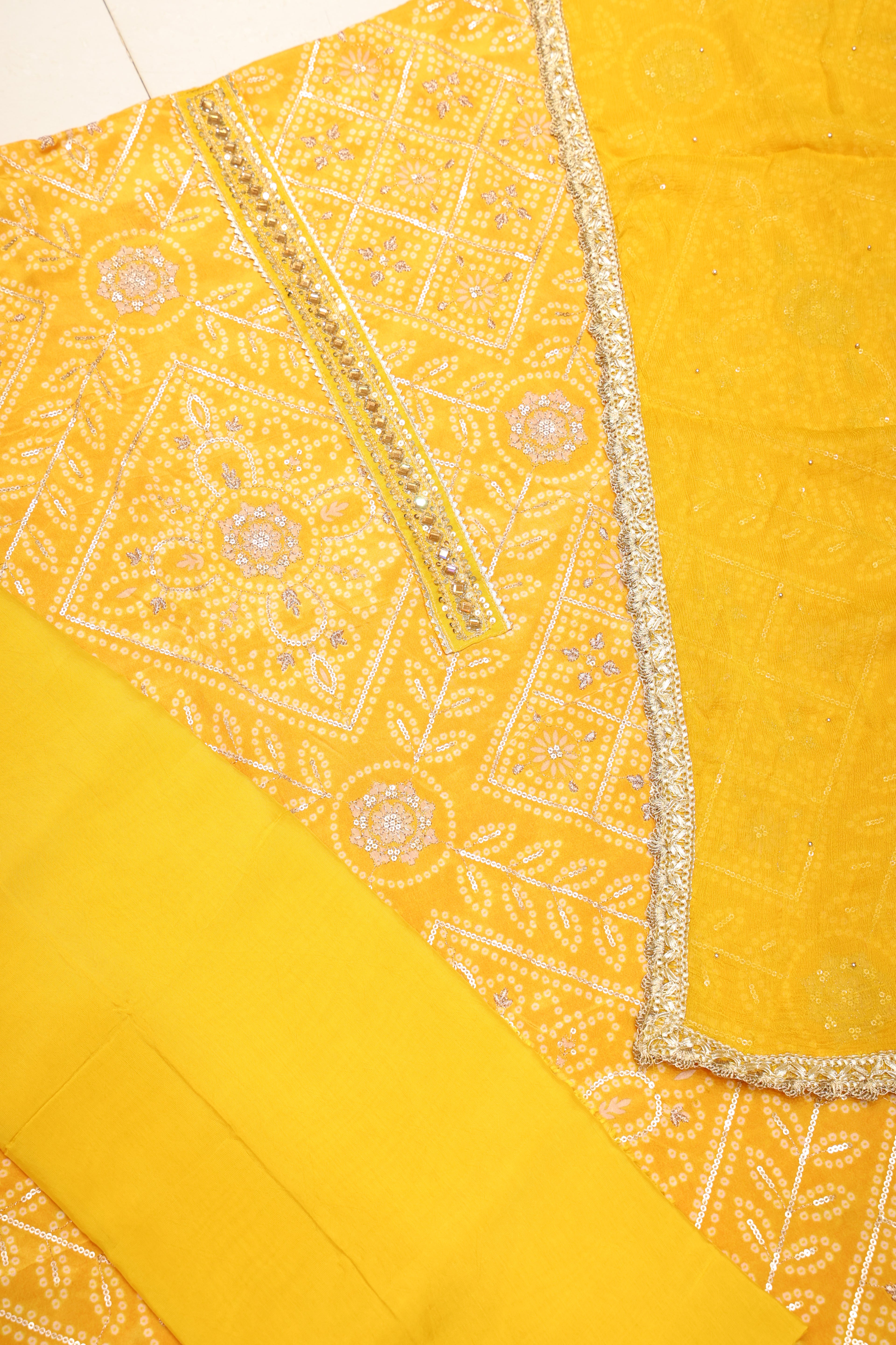 Premium Natural Chinon Bandhej Unstitched Suit with All-Over Thread Work