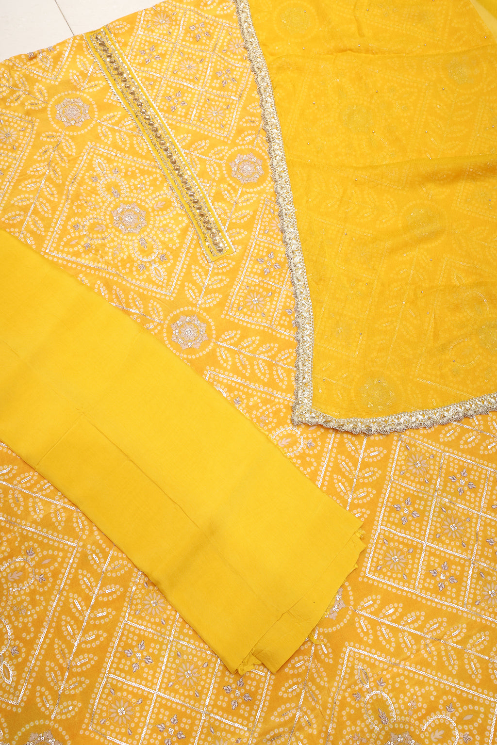 Premium Natural Chinon Bandhej Unstitched Suit with All-Over Thread Work