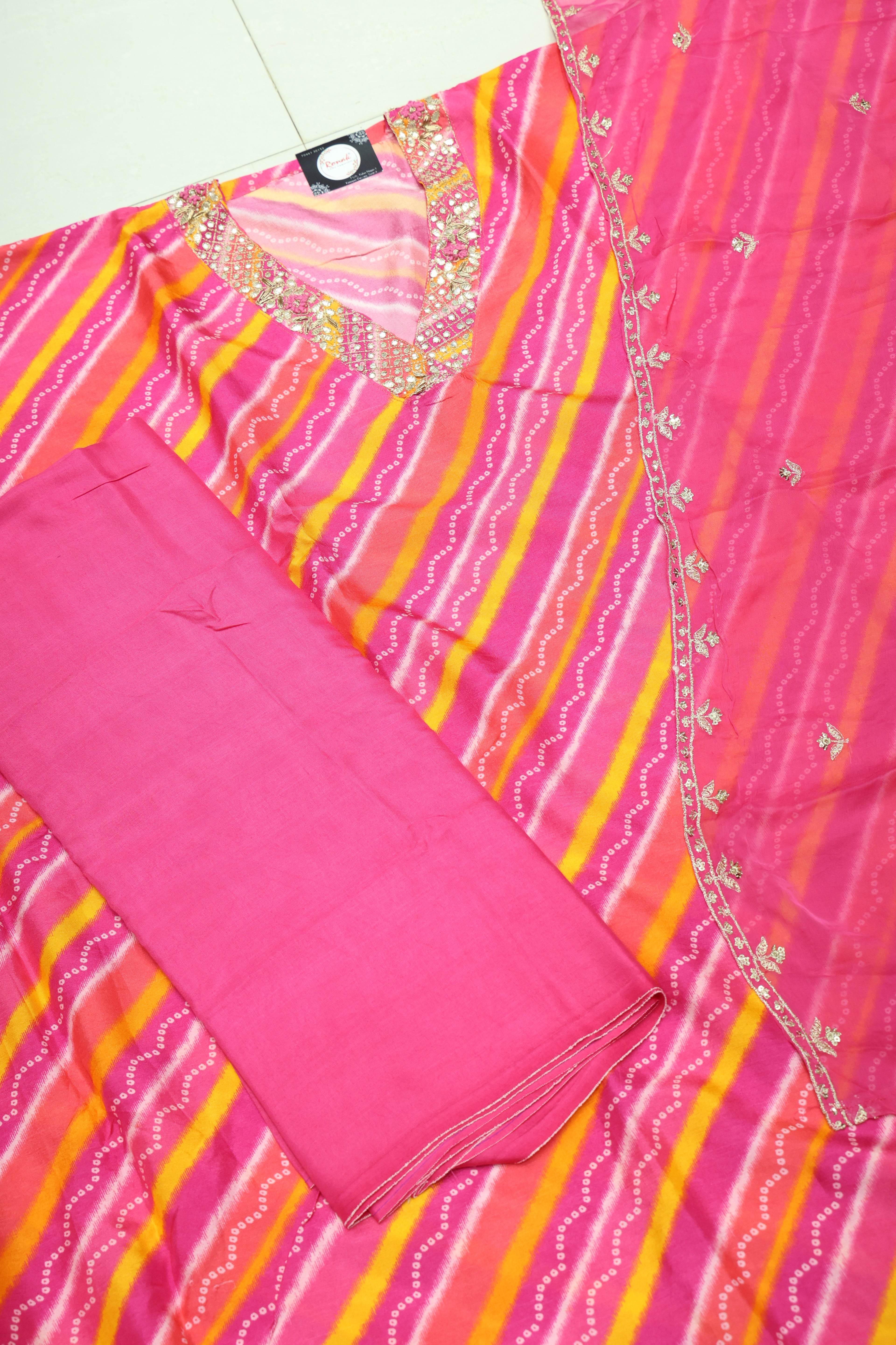 Premium Dola Silk Leheriya Unstitched Suit with Heavy Chiffon Dupatta