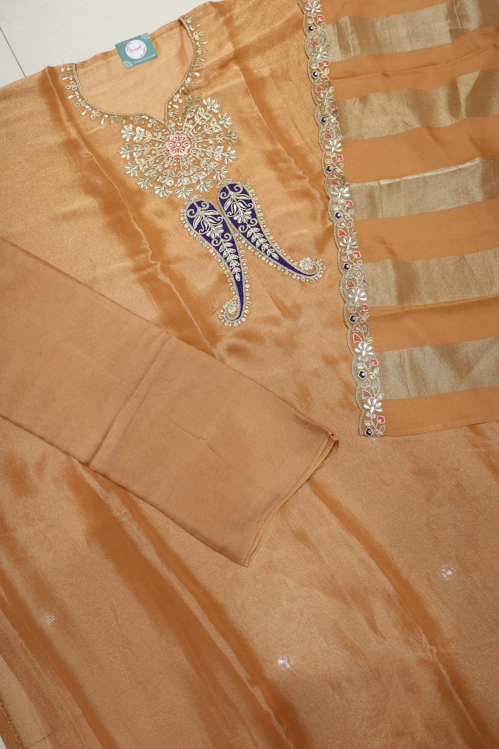 Premium Pure Simmer Unstitched Suit with Gota Patti Neck & Kanjiwaram Dupatta