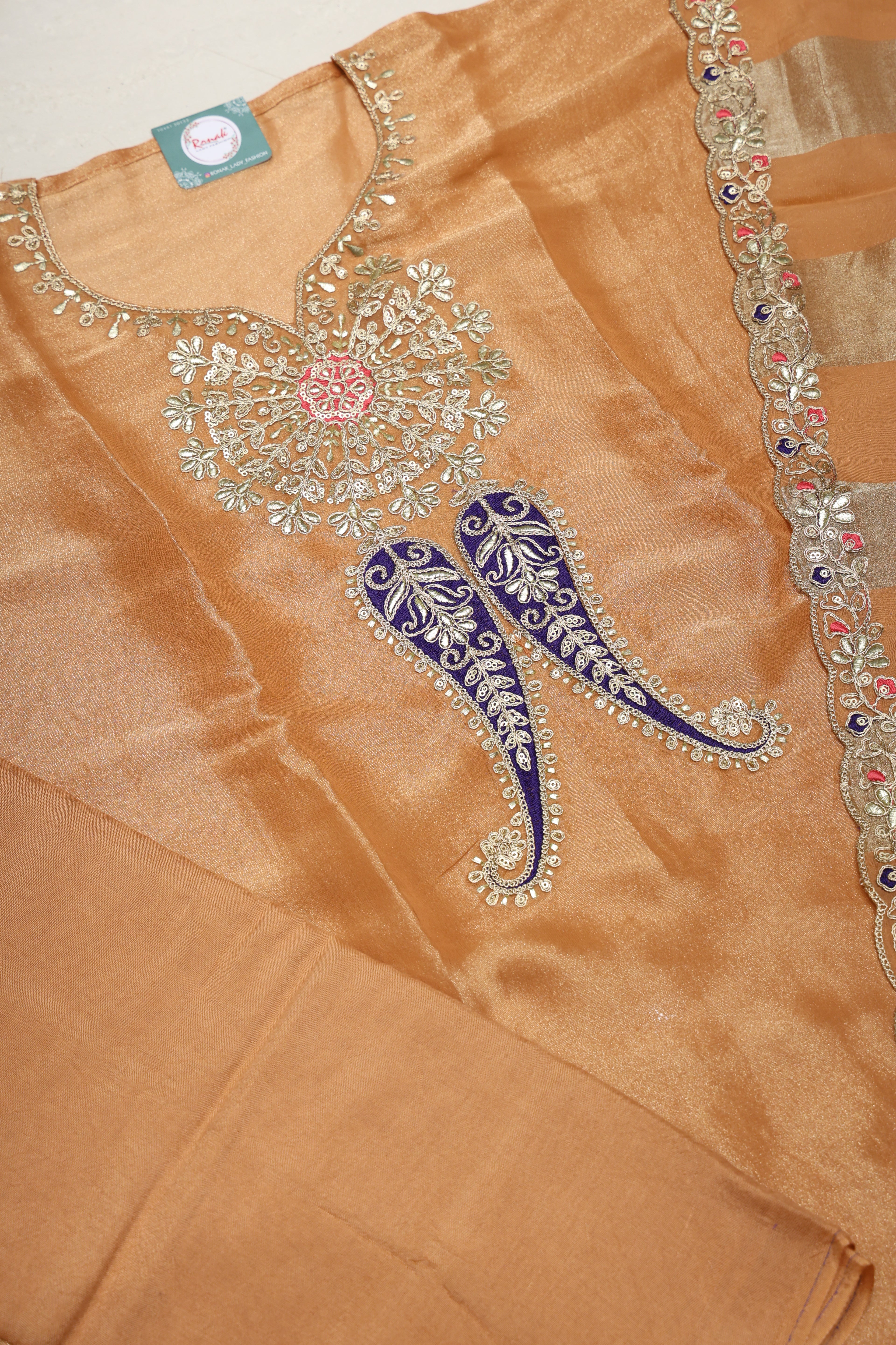 Premium Pure Simmer Unstitched Suit with Gota Patti Neck & Kanjiwaram Dupatta