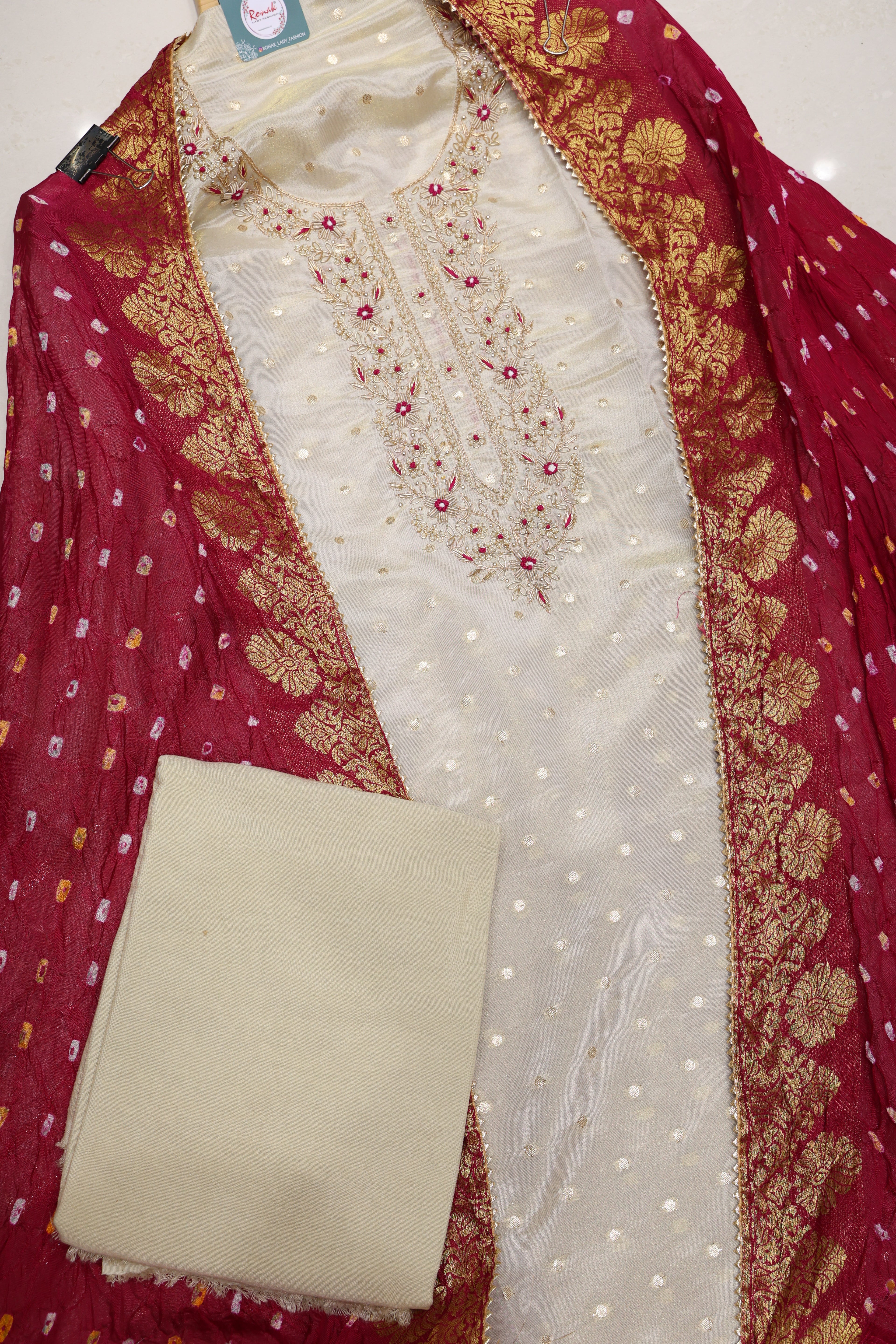 Premium Banarasi Butti Unstitched Suit with Heavy Handwork & Bandhej Silk Dupatta