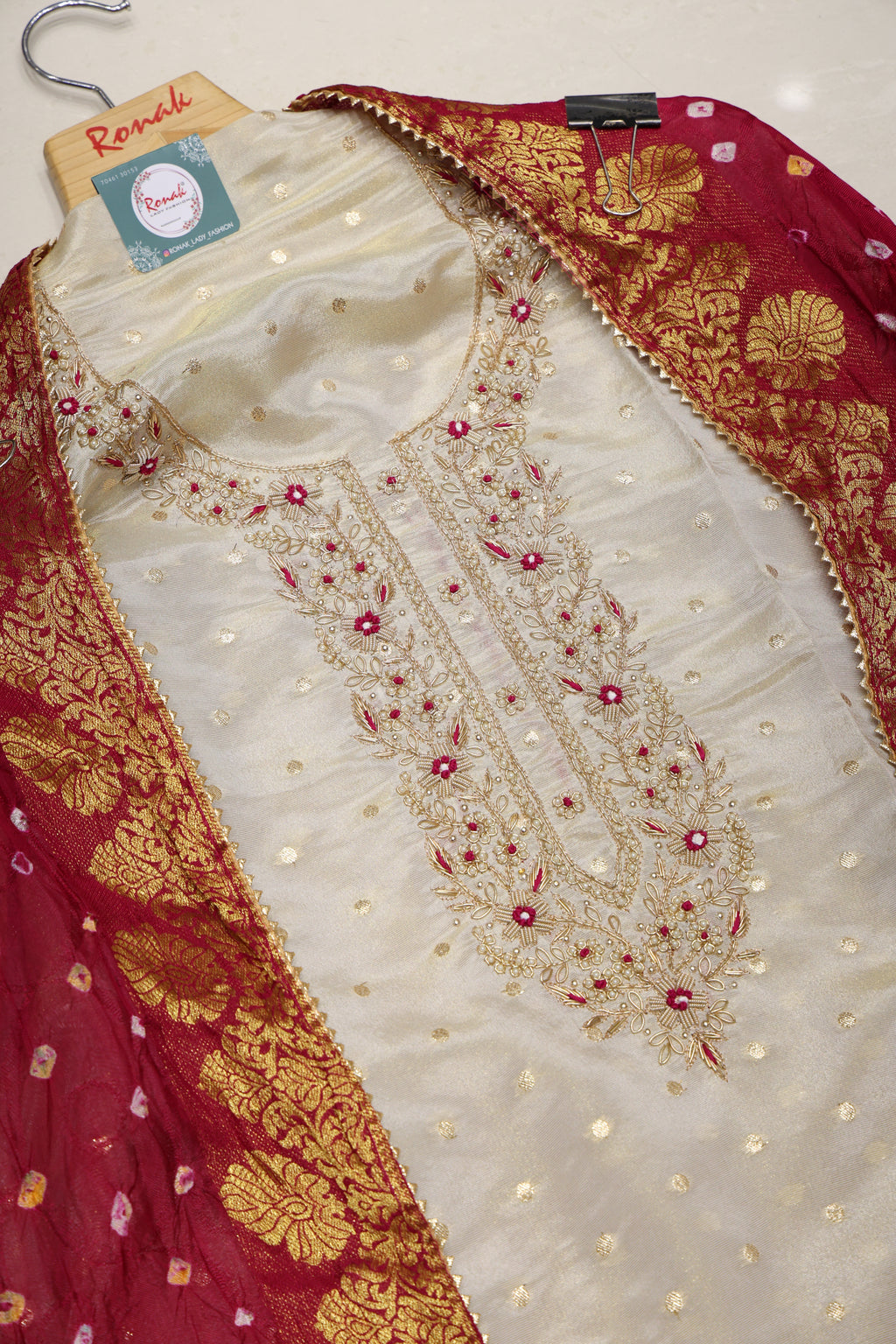 Premium Banarasi Butti Unstitched Suit with Heavy Handwork & Bandhej Silk Dupatta