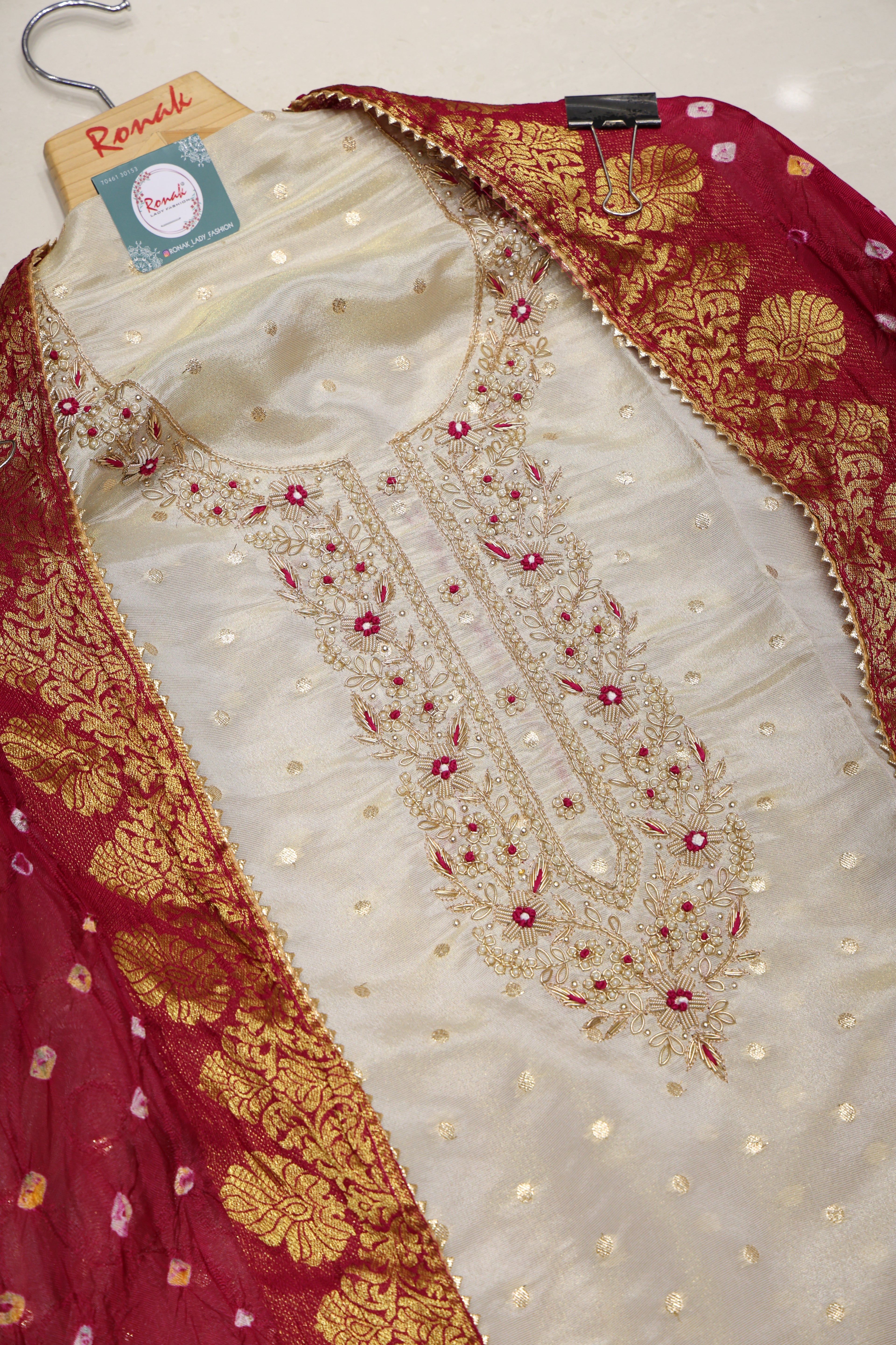 Premium Banarasi Butti Unstitched Suit with Heavy Handwork & Bandhej Silk Dupatta