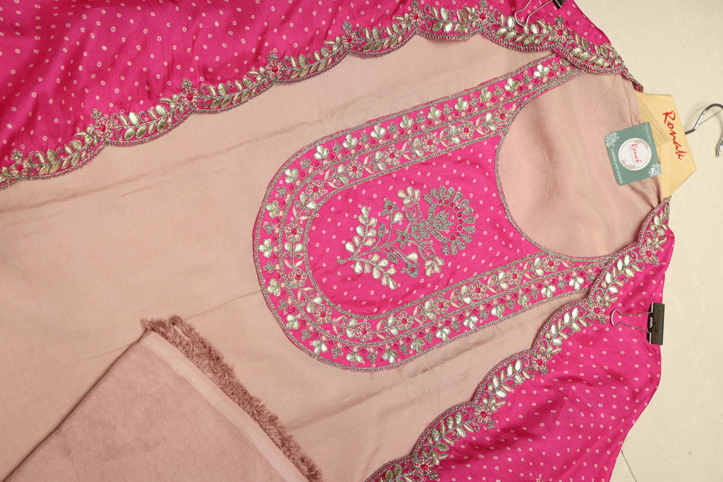 Premium Pure Silk Unstitched Suit with Gota Patti Work & Bandhej Dupatta